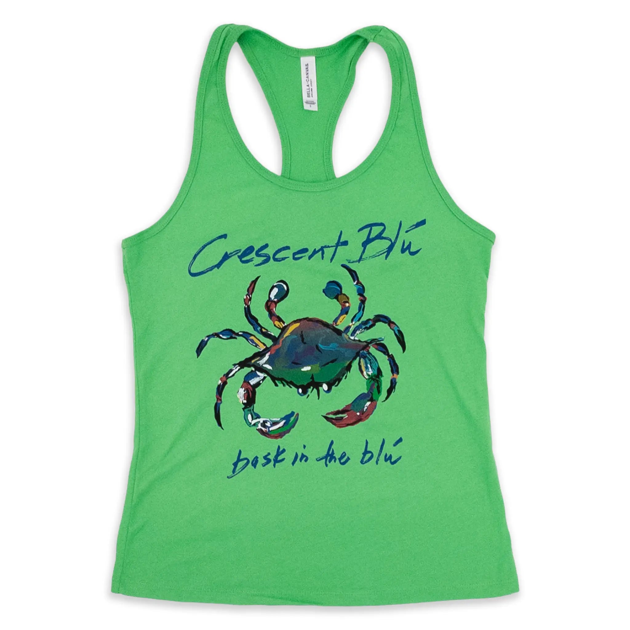 women’s bright green racerback tank top with blue crab graphic and crescent blu logo text bask in the blu
