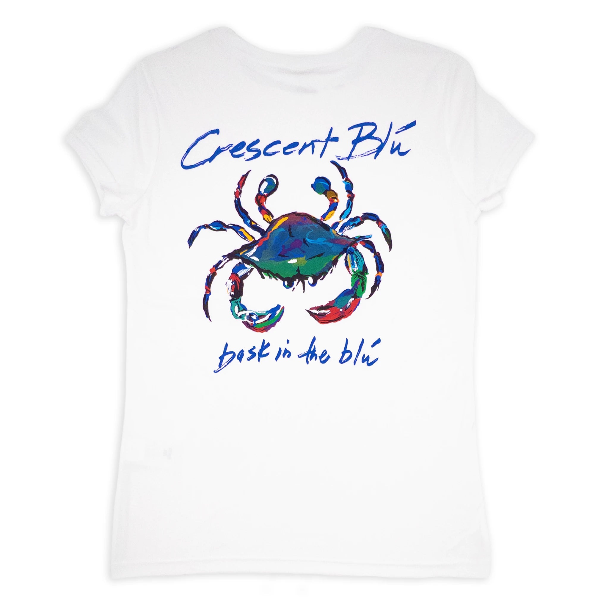 The back of a women's white v-neck short sleeve white upf t-shirt with a large Crescent Blu logo on the back