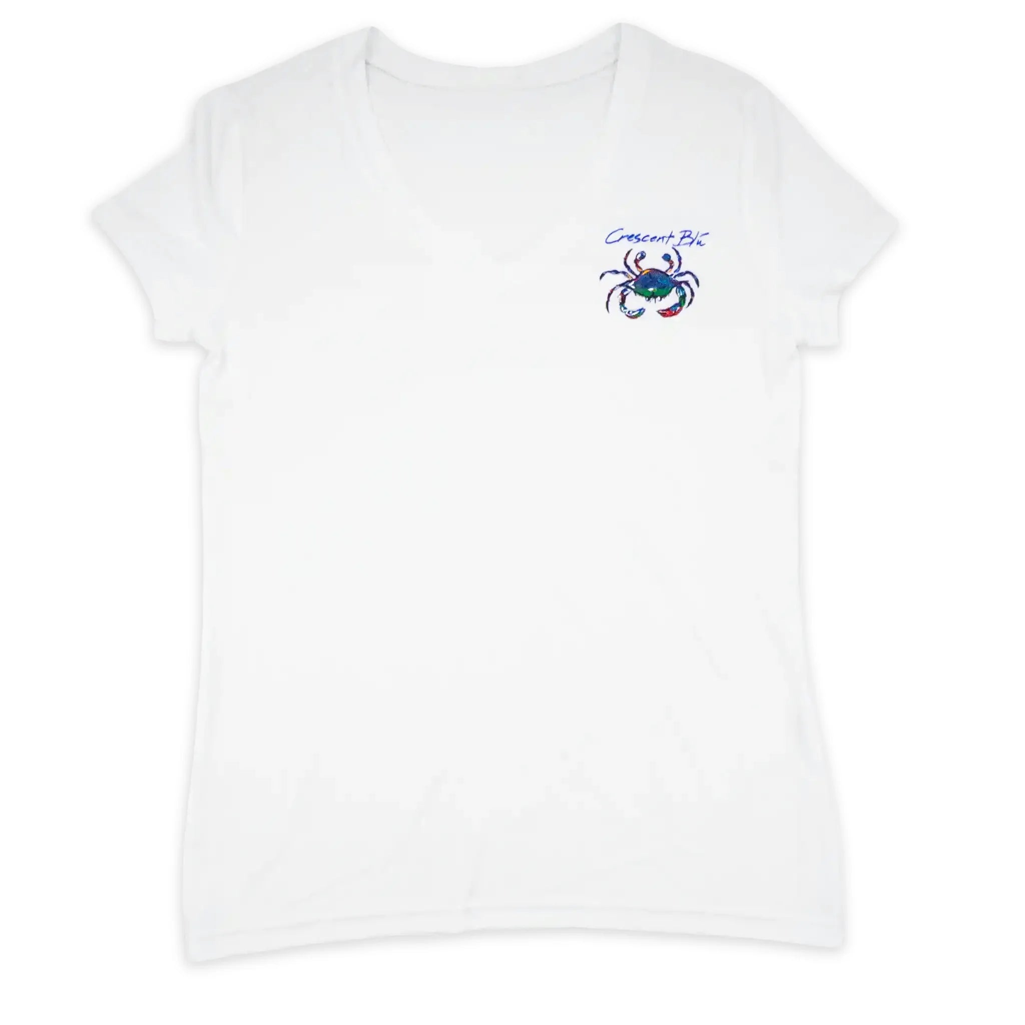 White UV protection women's v-neck t-shirt with a colorful crab design on the left chest