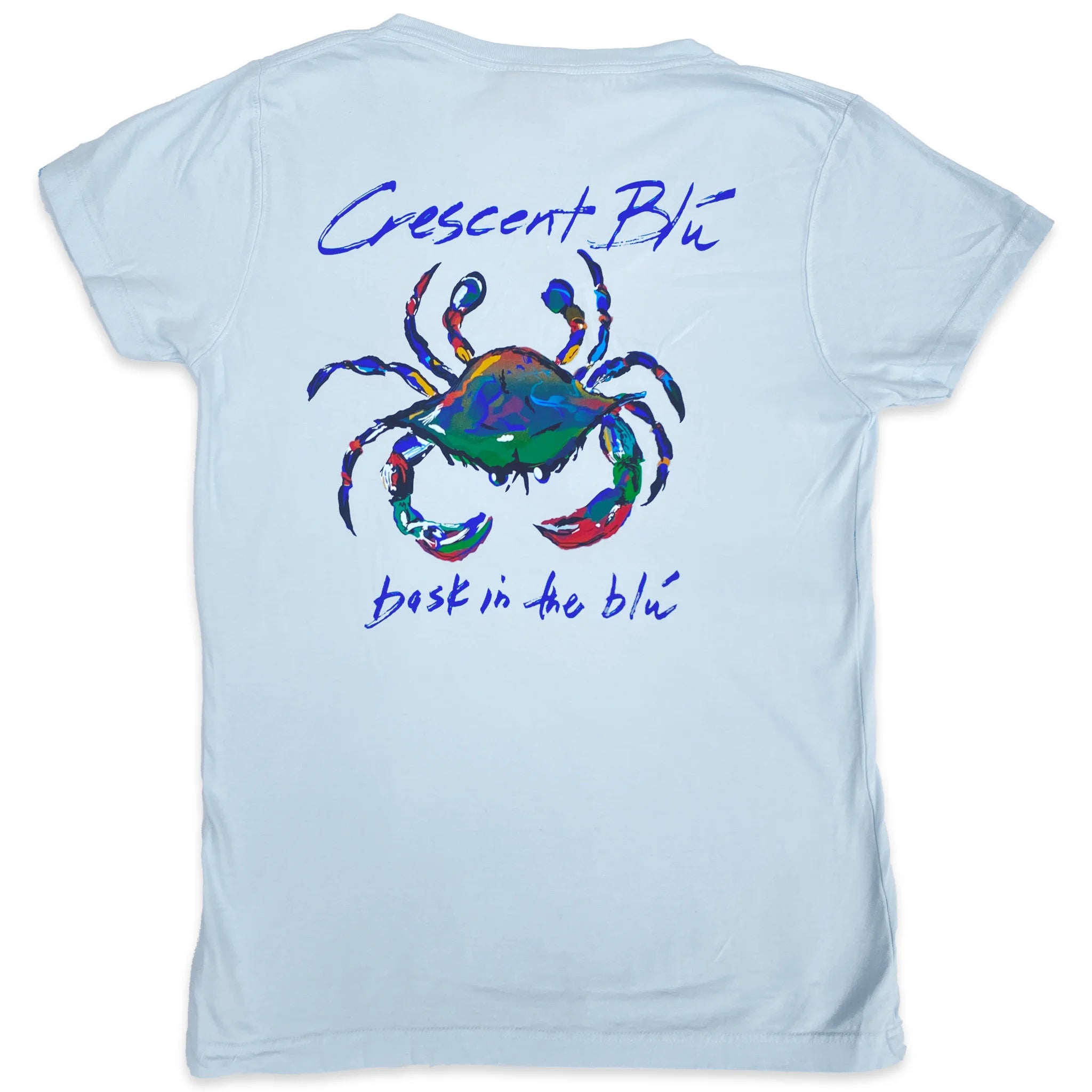 A short sleeve t-shirt with a colorful blue crab on the back.