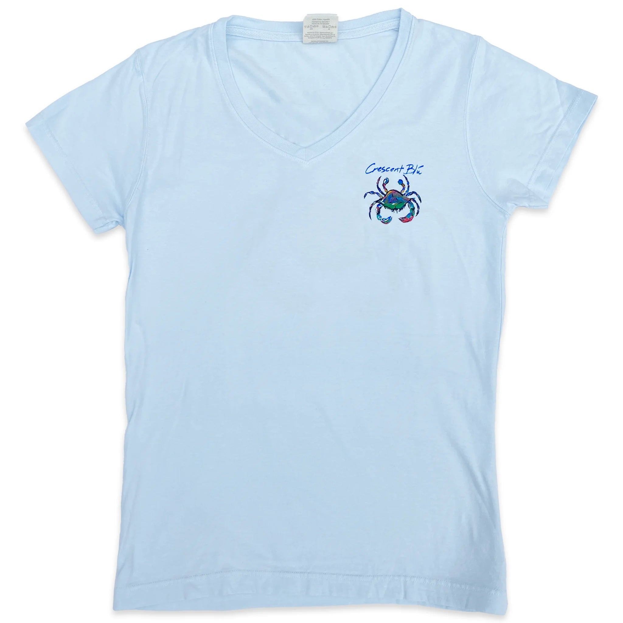 The front of a chambray short sleeve v-neck t-shirt with small Crescent Blu crab printed on the left upper chest.