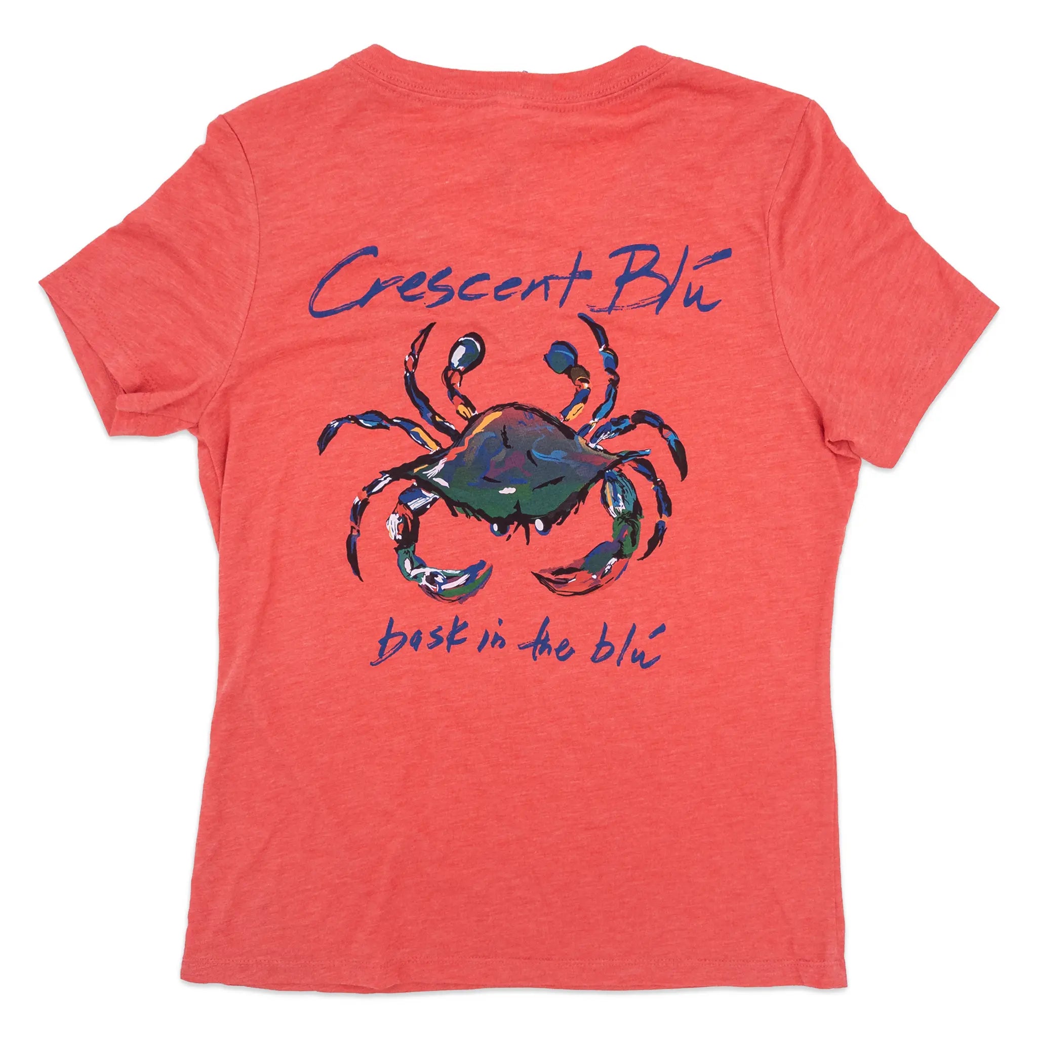 A red heather t-shirt shown from the back, featuring a graphic print of a blue crab with the text 'Crescent Blue' above it and 'baskt in the blu' below it.