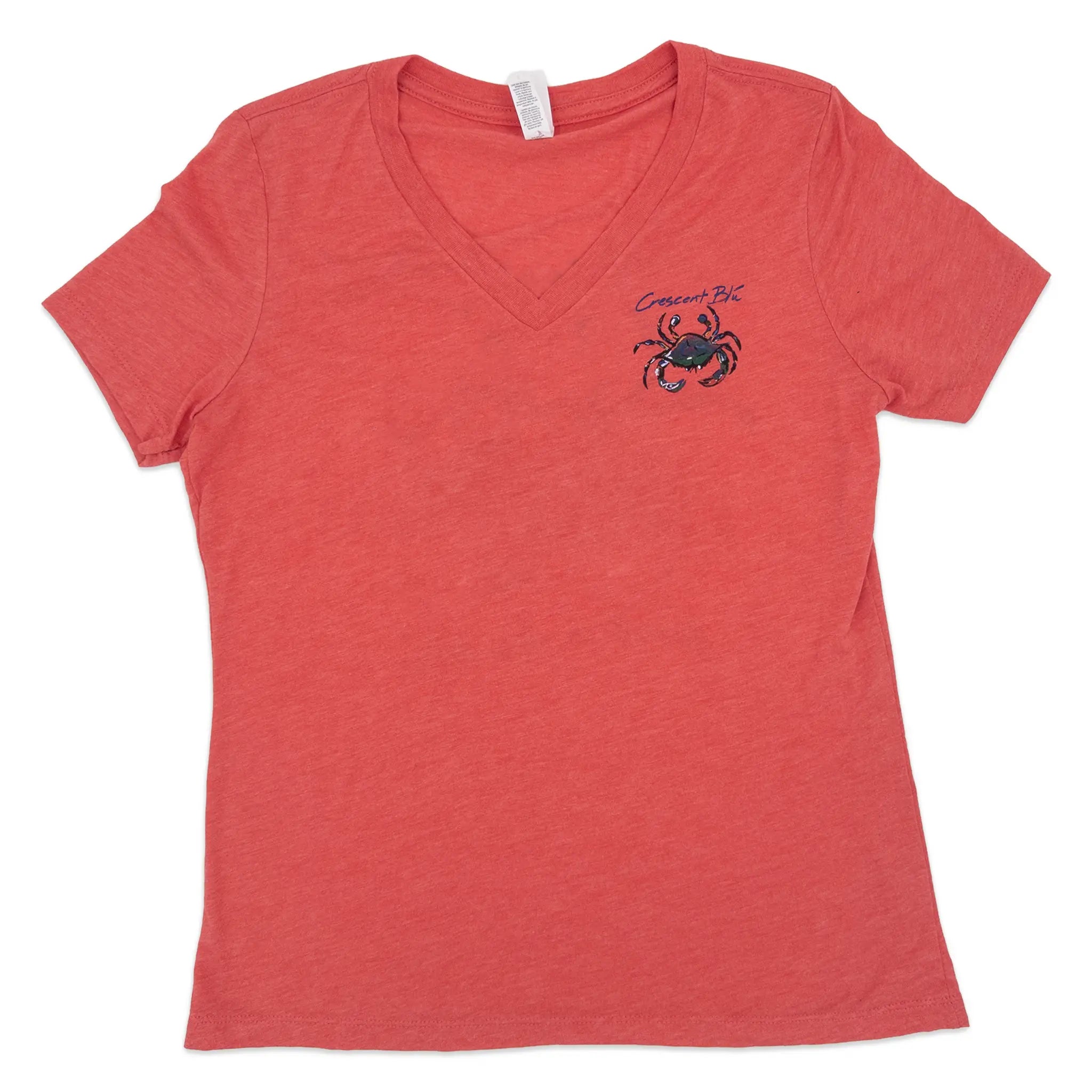 A heathered red short-sleeve V-neck t-shirt with a small crab graphic and Crescent Blu text on the left chest, displayed flat against a white background.