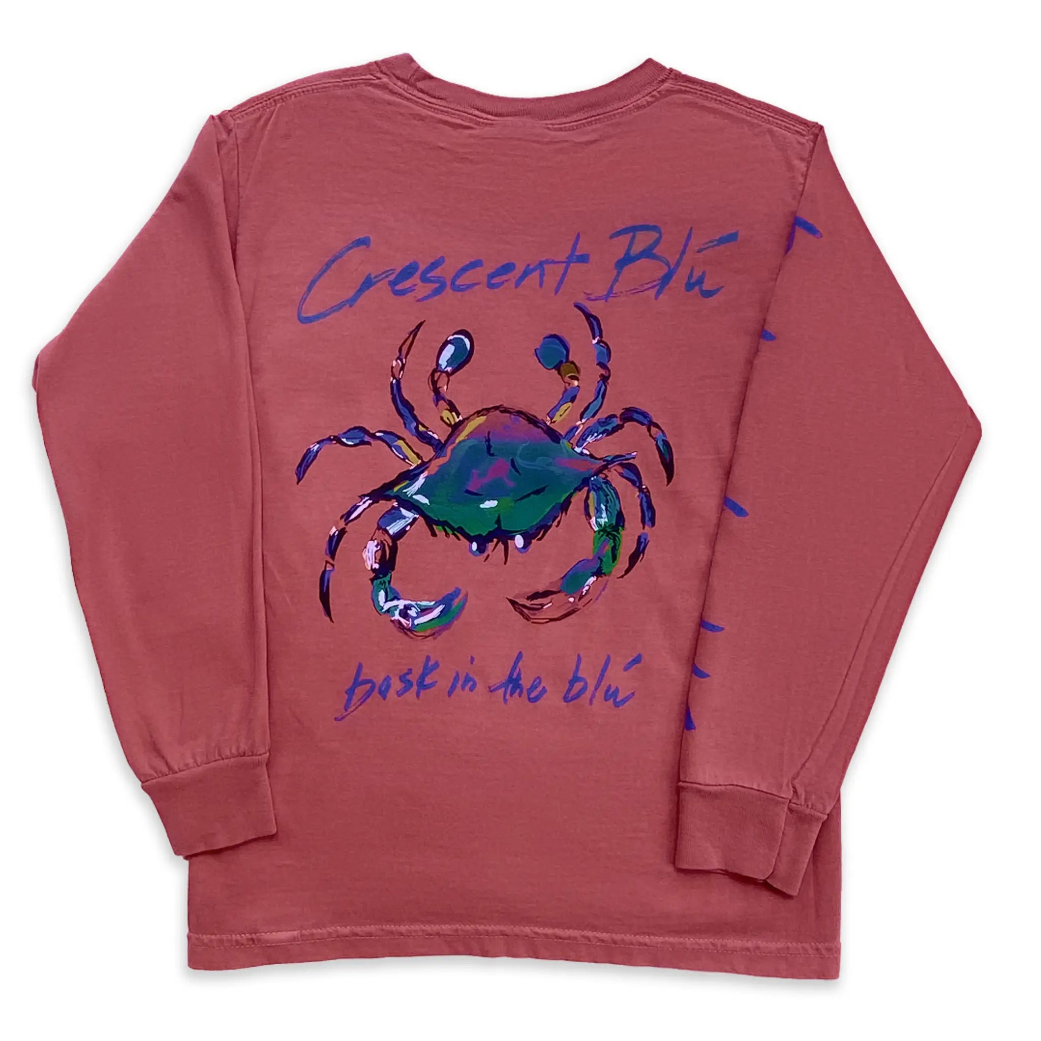 The back of a crimson long sleeve youth t-shirt with a large Crescent Blu logo .