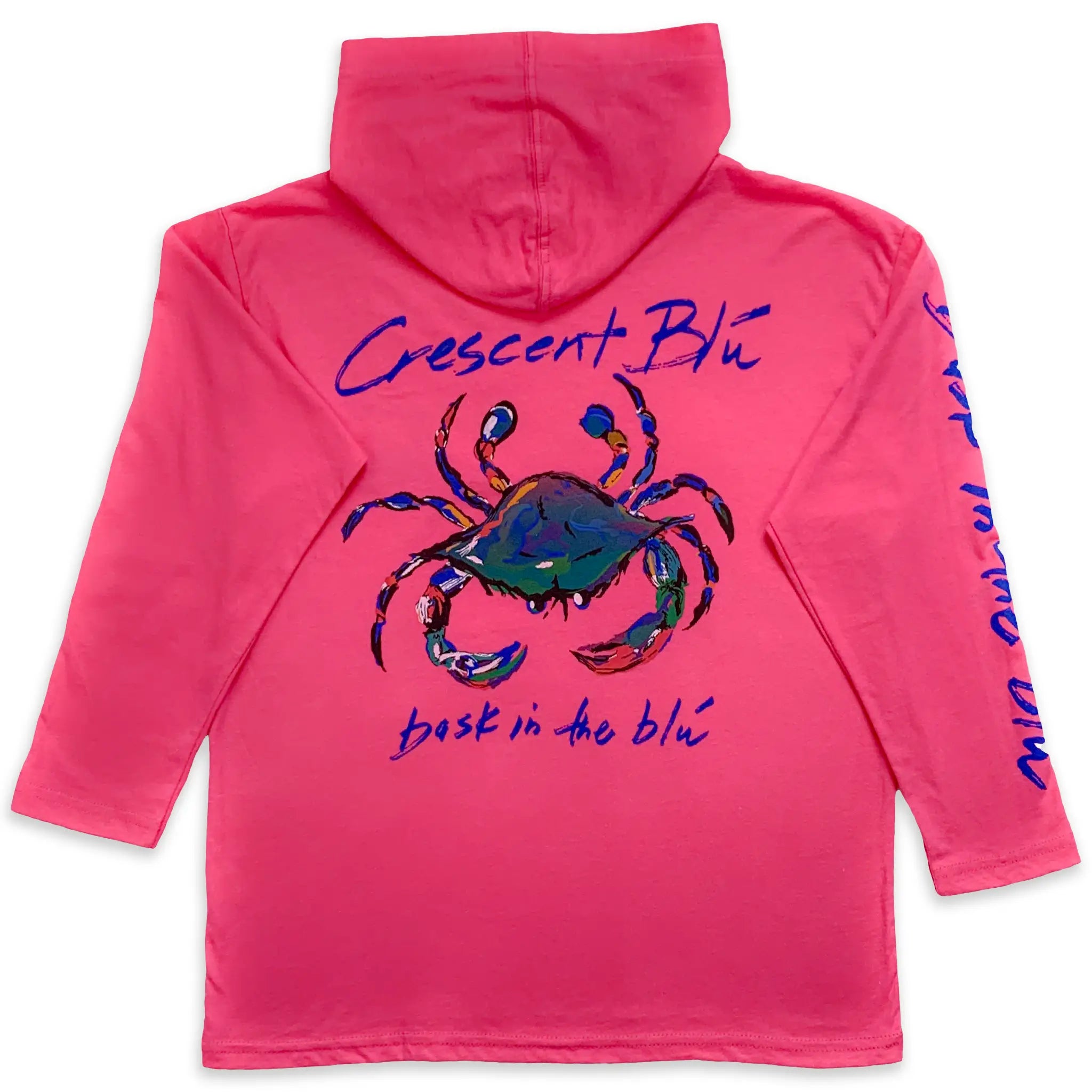 The back of a youth hot pink hoodie t-shirt.