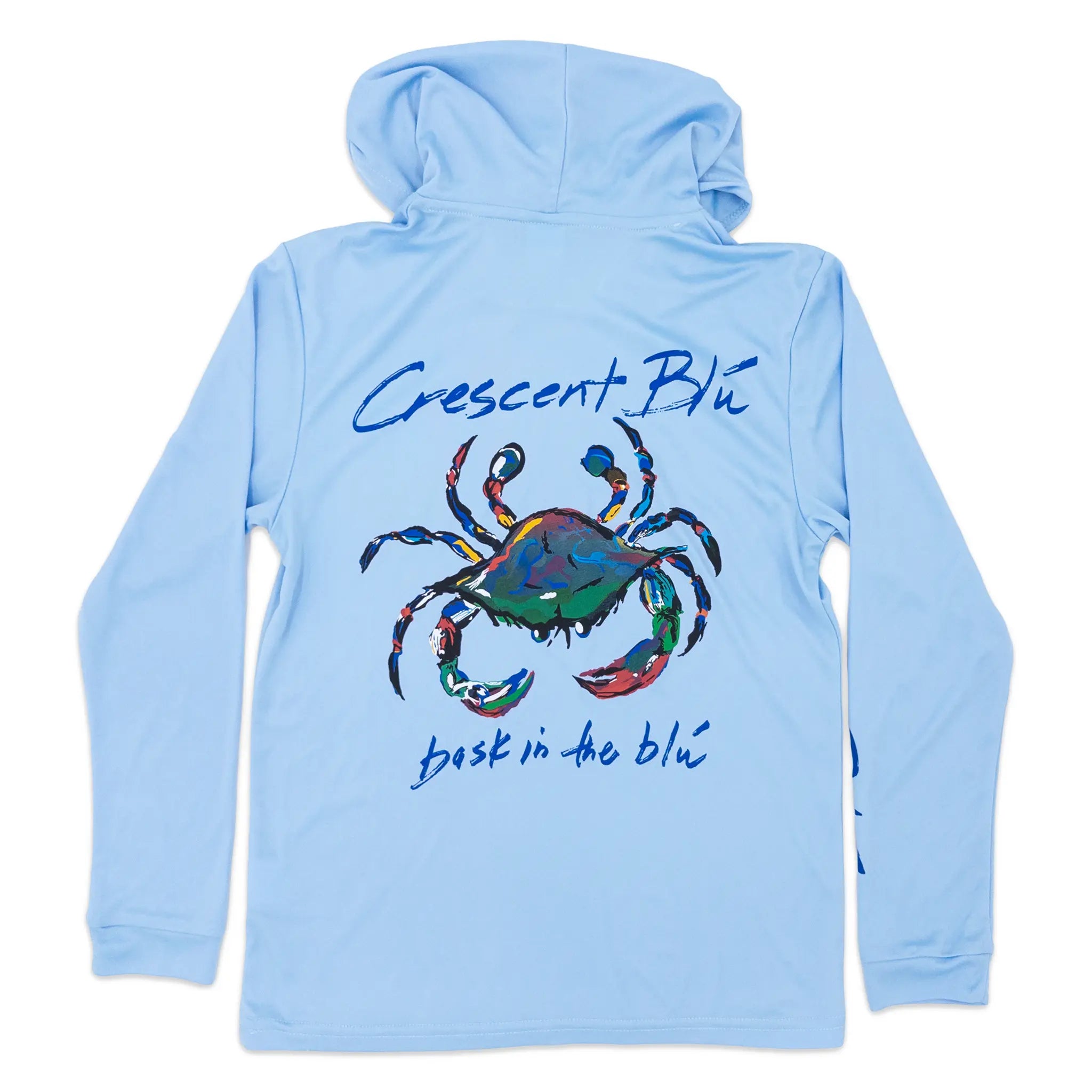 A light blue hooded long-sleeve shirt shown flat against a white background, featuring a colorful painted crab graphic on the back.