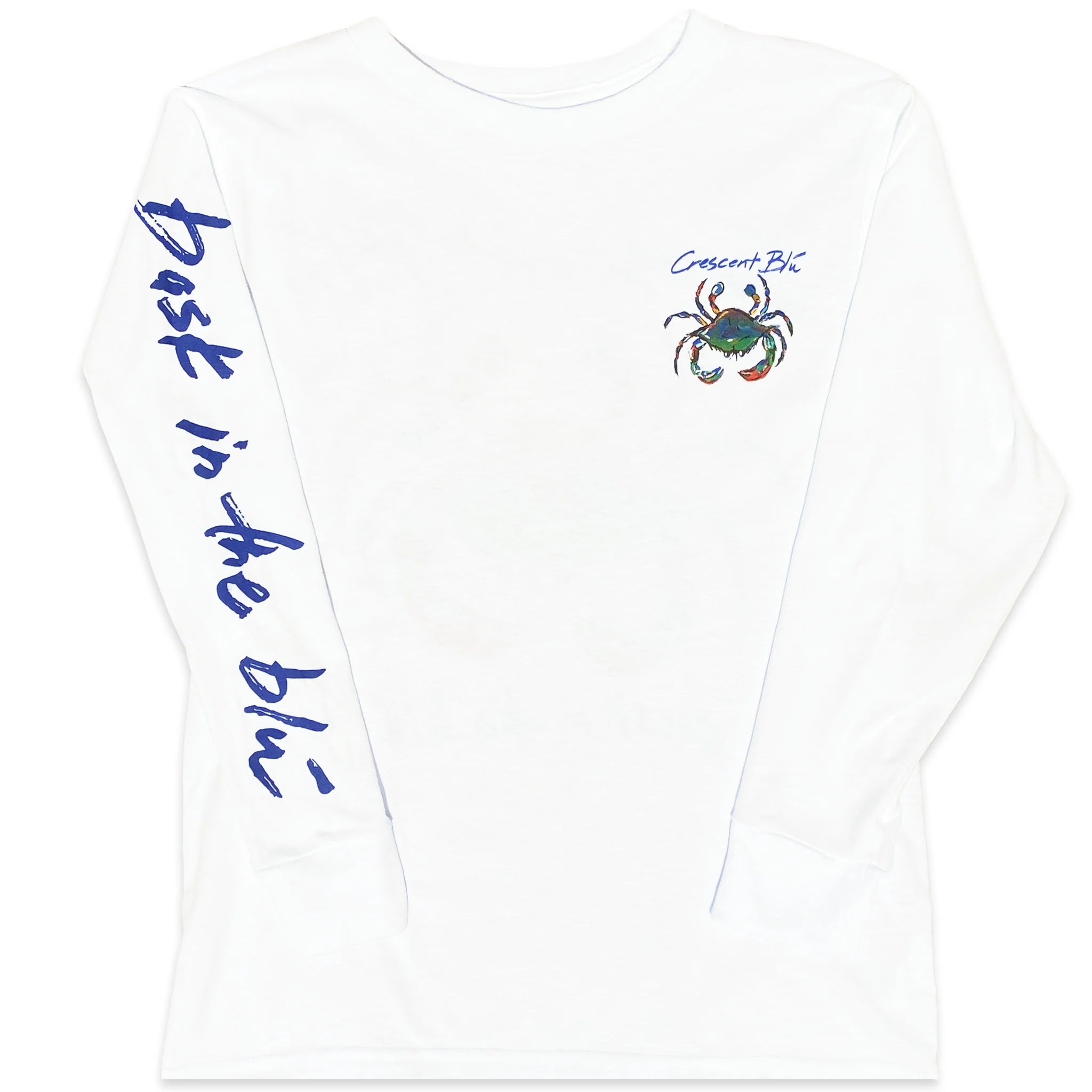 A white youth long sleeve t-shirt with "bask in the blu" written on the sleeve and a small blue crab on the front. 