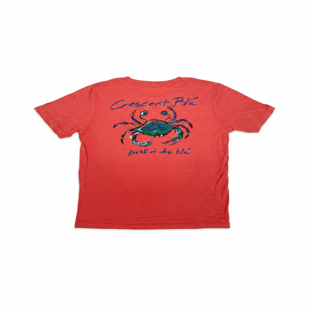 A red t-shirt with a blue crab on the back.