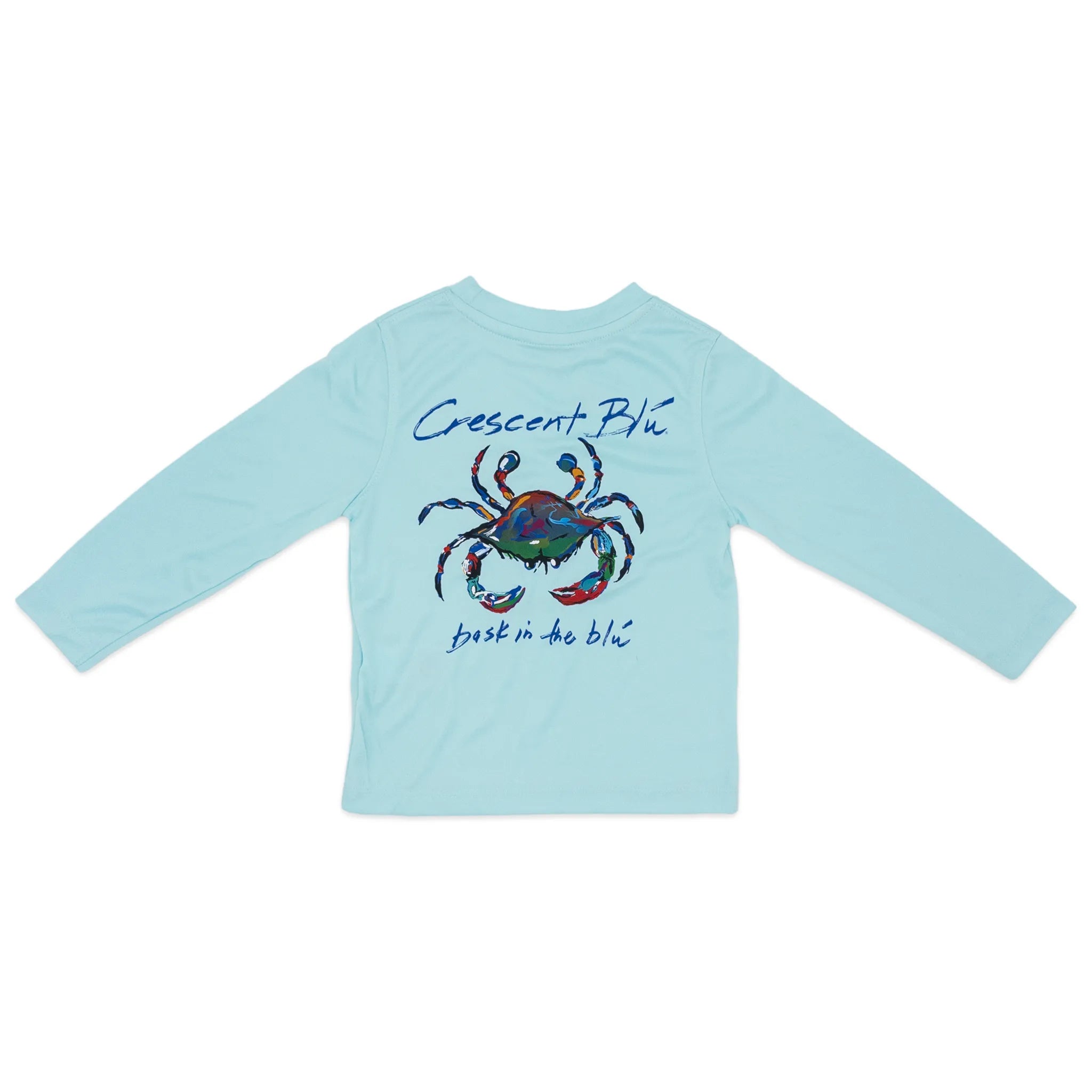 The back of an aqua blue toddler long-sleeve sun shirt featuring the Crescent Blú Signature Crab artwork and 'bask in the blu' tagline