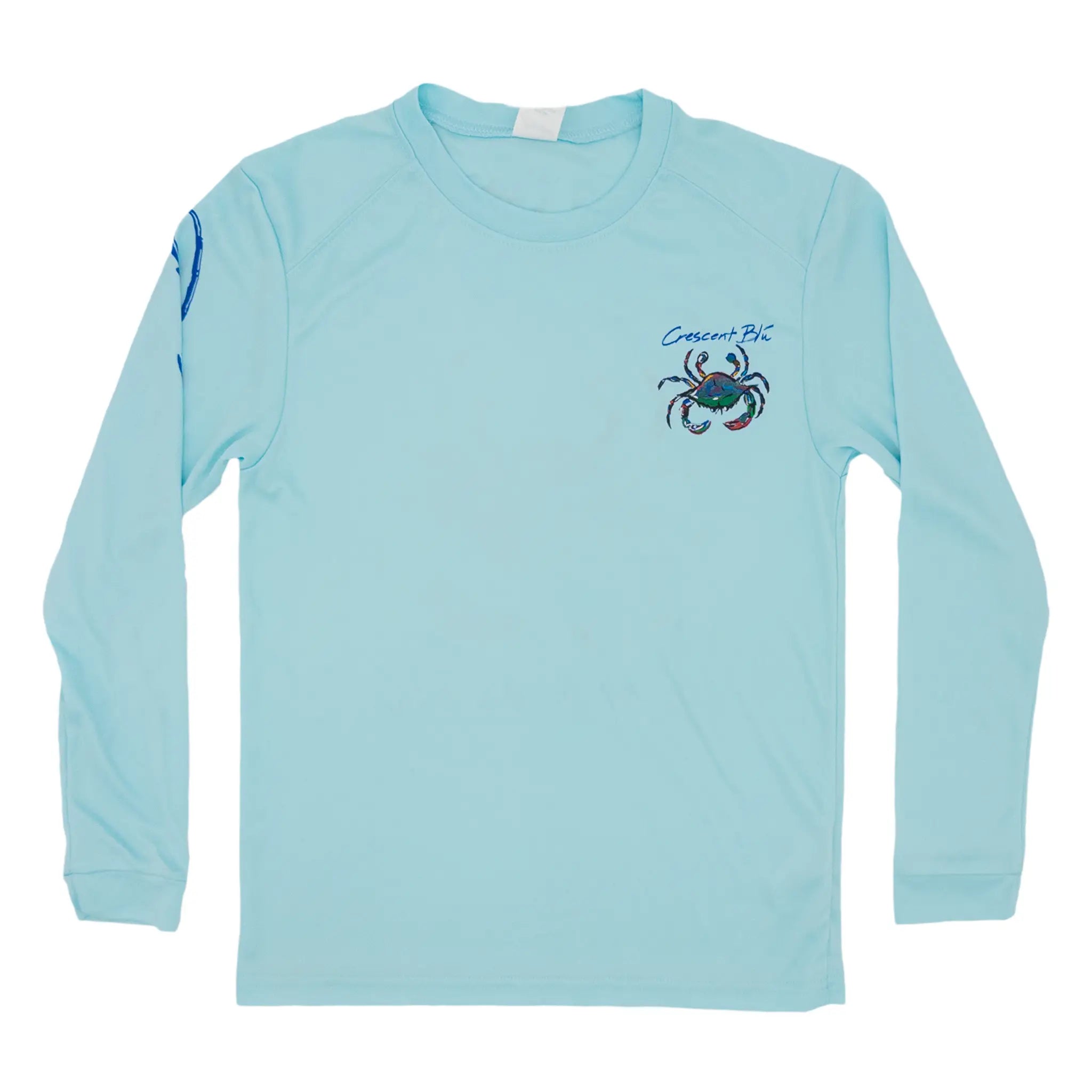 A light blue long-sleeve youth UV shirt with a small crab logo and  text on the left chest