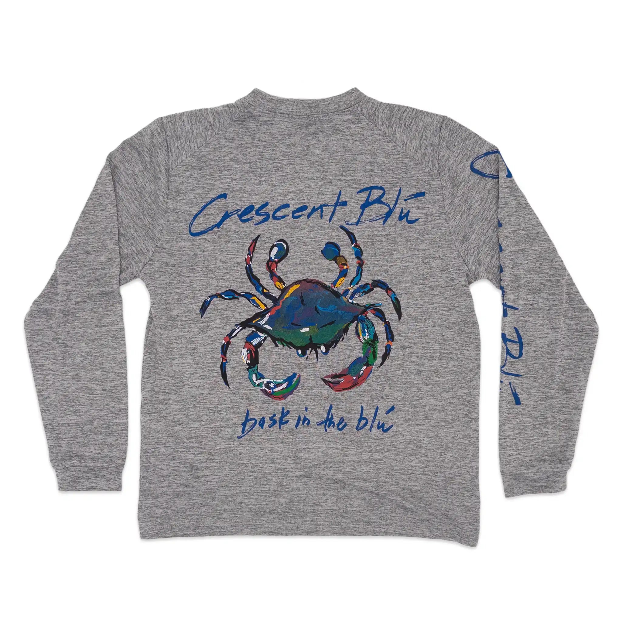 A youth heather gray long-sleeve t-shirt shown from the back, featuring a colorful painted crab graphic in the center, the words 'Crescent Blu' in blue script above it, and 'besk in the blu' below it.