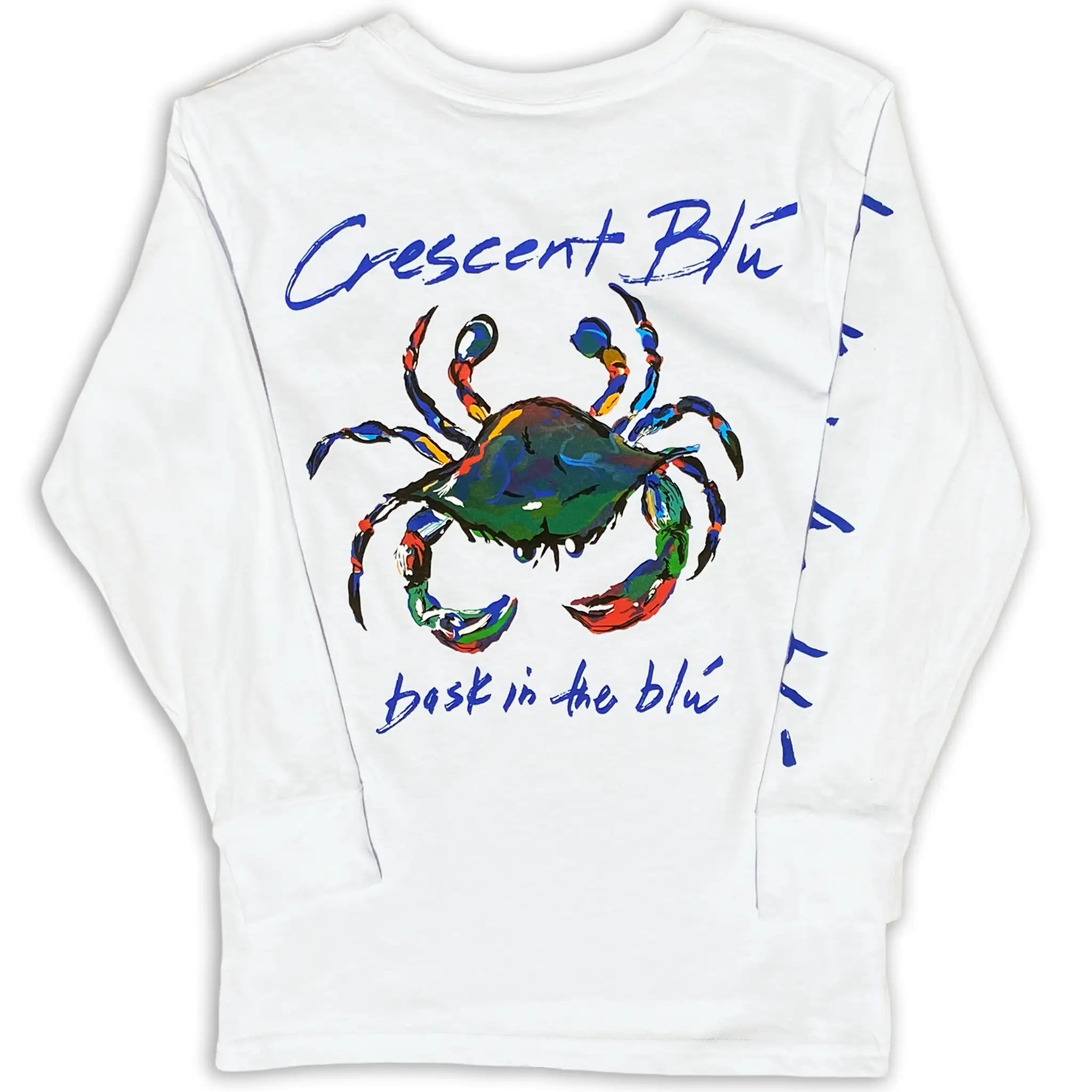 A colorful blue crab centered on the back of a long sleeve white-shirt.