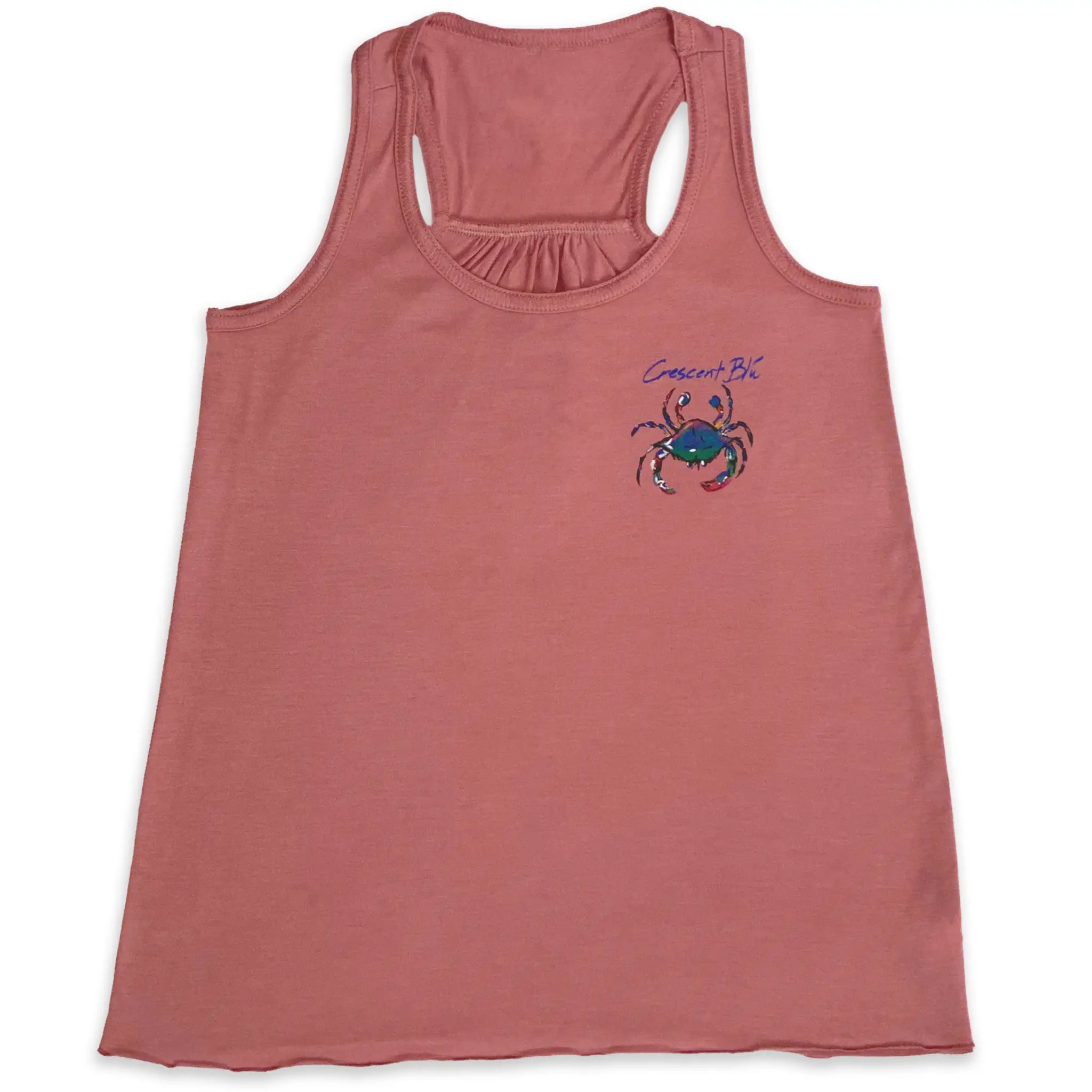 A girls mauve racerback tank top with multi-colored crab logo on the upper left chest