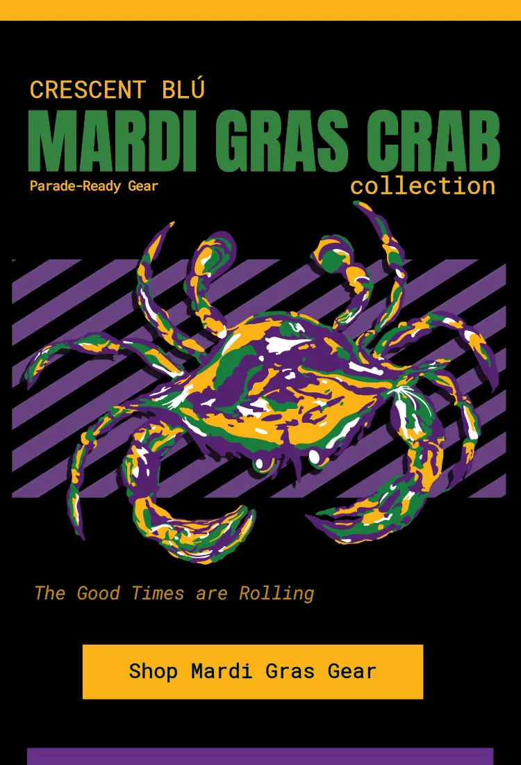 Mardi Gras Crab Collection mobile hero banner featuring Crescent Blú crab artwork in purple, green, and gold with shop Mardi Gras gear button