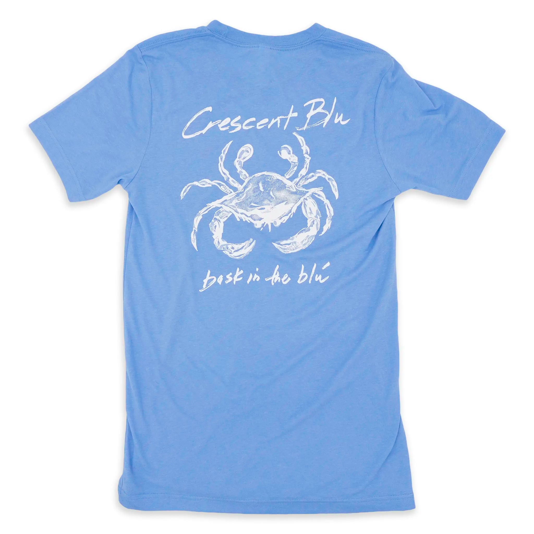 A short sleeve light blue adult short sleeve t-shirt with a white Crescent Blu Sneaux Crab design on the back.