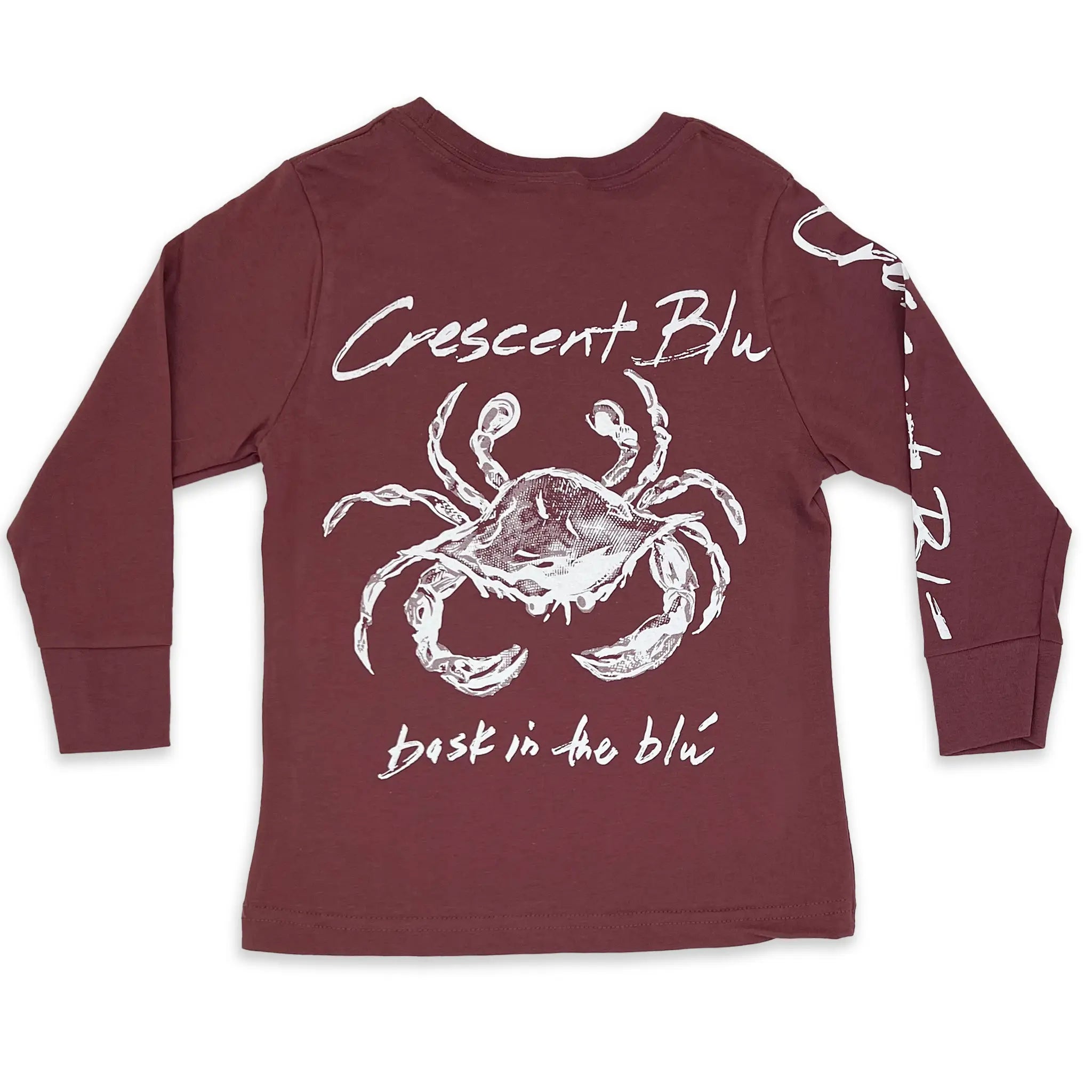 Back view of youth Crescent Blú Sneaux Crab long sleeve tee in rouge red