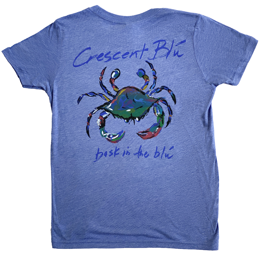 Blue triblend adult short sleeve t-shirt with large multi-colored crab logo shown and Crescent Blu and Bask in the Blu written above and below the crab