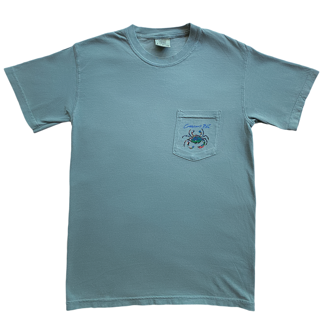 Front view of adult Ice Blue Short sleeve t-shirt with colorful crab logo printed on the front left chest pocket