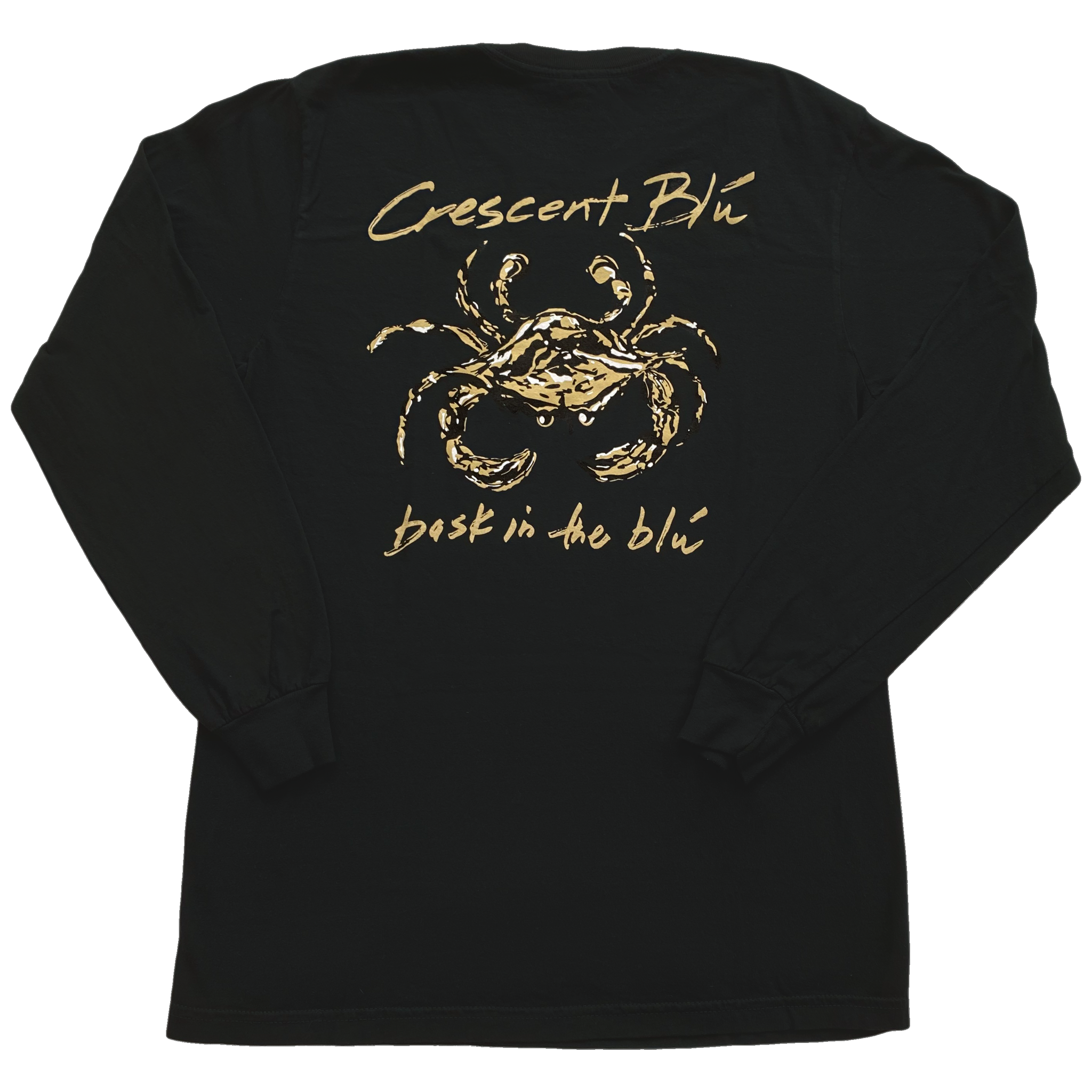 A black, gold, and white crab centered on the back of a black long sleeve crew neck cotton t-shirt. Written in gold above the crab is Crescent Blu, below the crab is bask in the blu written in gold.