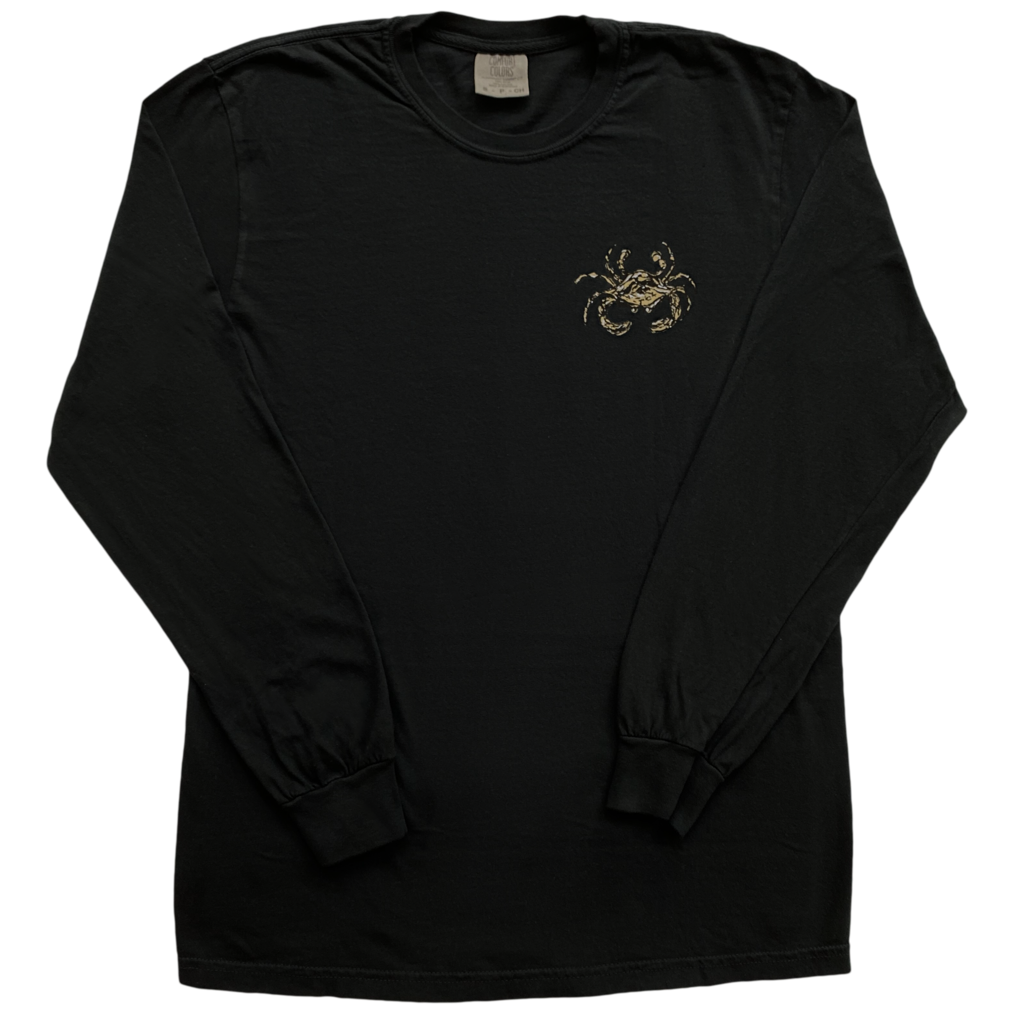 A black long sleeve cotton t-shirt with a black, gold, and white crab on the left chest.  
