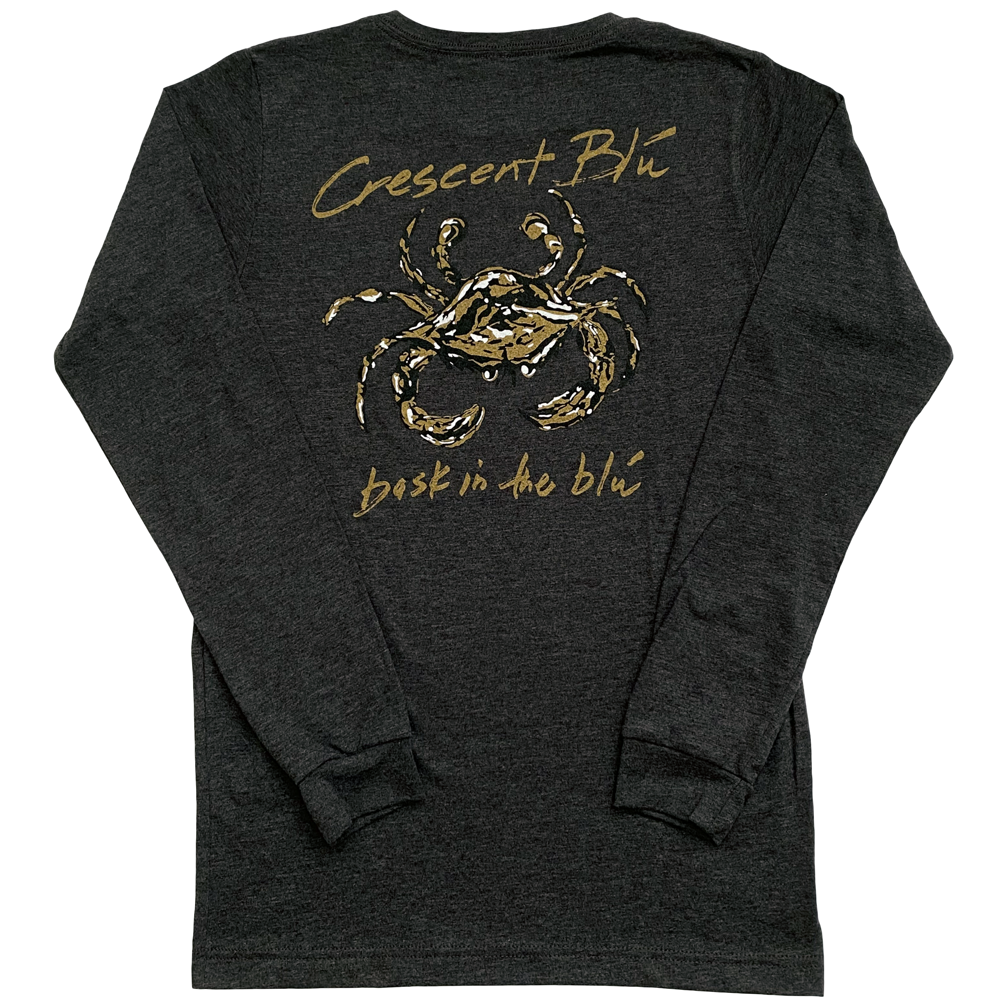 A black, gold, and white crab centered on the back of a long sleeve dark heather gray t-shirt.  In gold above the crab is Crescent Blu, below the crab in gold is bask in the blu.