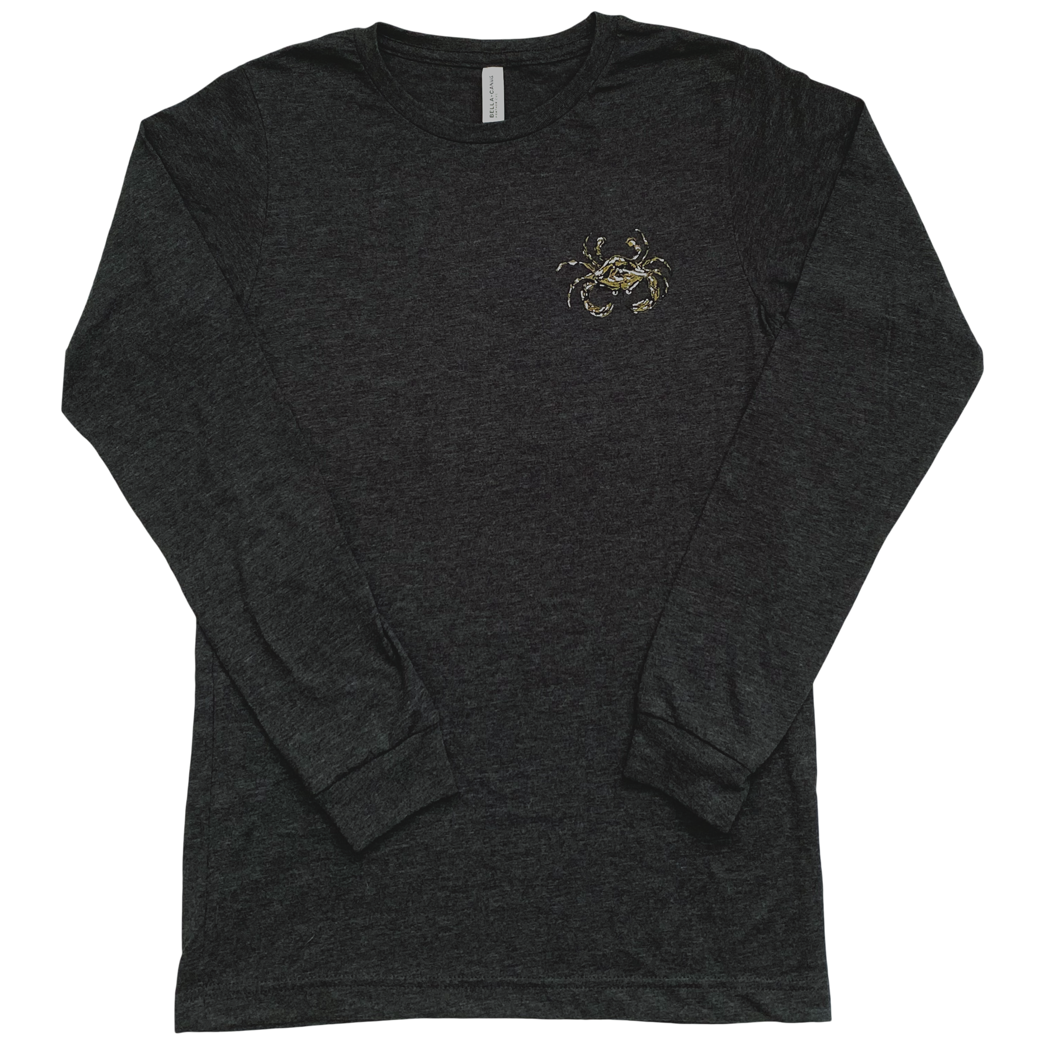 A long sleeve dark heather gray t-shirt with a black, gold, and white crab on the left chest.