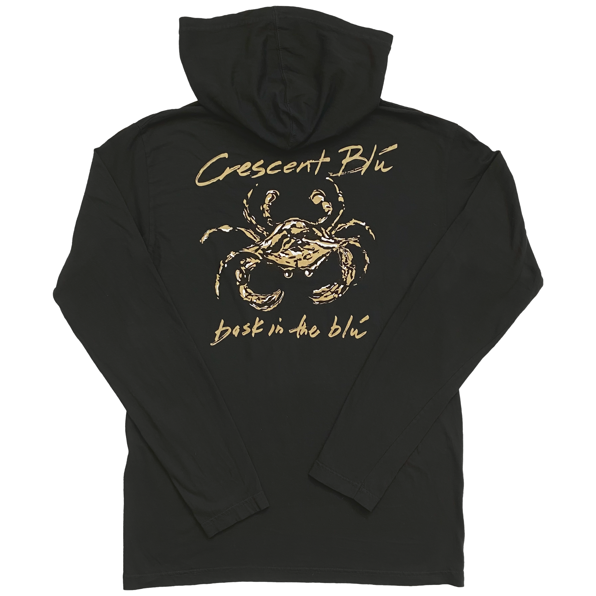 The back of a black long sleeve hooded cotton t-shirt. Across the upper back, Crescent Blu is written in gold above a black, gold, and white crab. Beneath the crab, written in gold, is bask in the blu. Sleeves and shirt bottom have t-shirt hems.