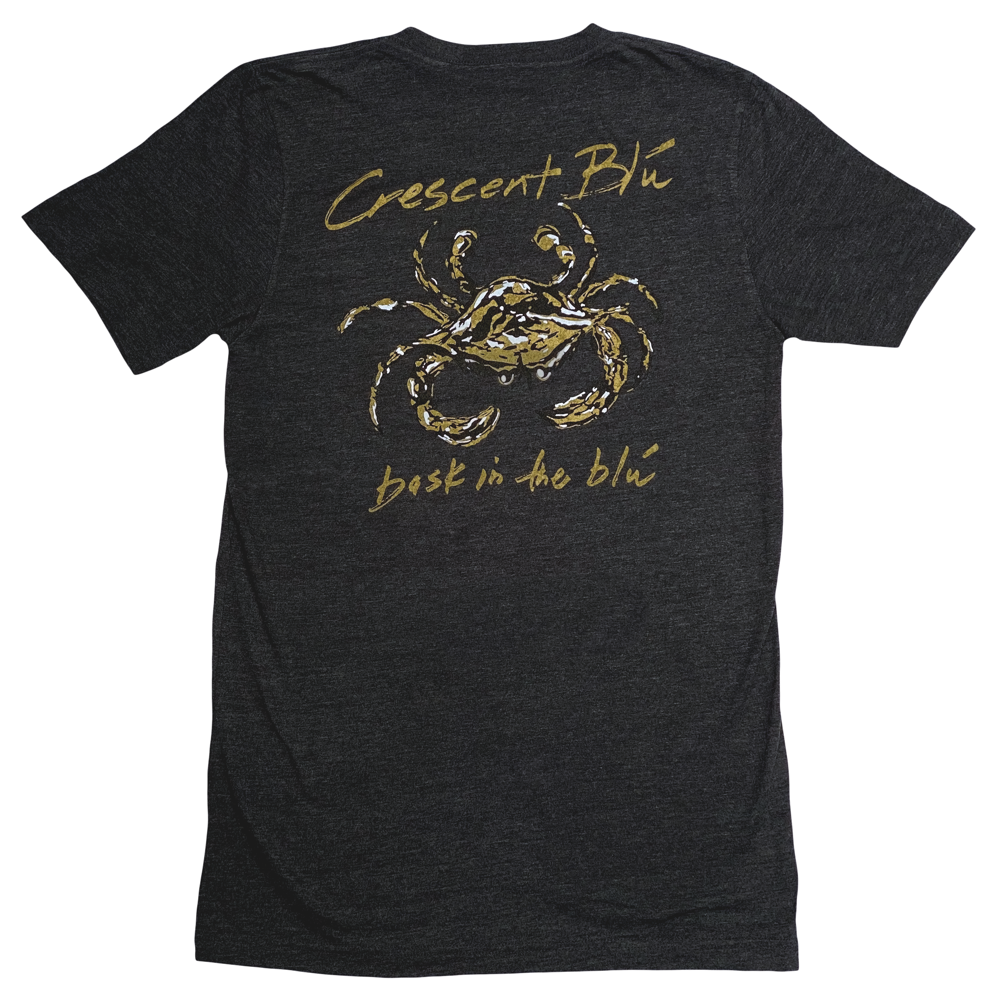 A black, gold, and white crab centered on the back of a short sleeve dark heather gray t-shirt. In gold above the crab is Crescent Blu, below the crab in gold is bask in the blu.