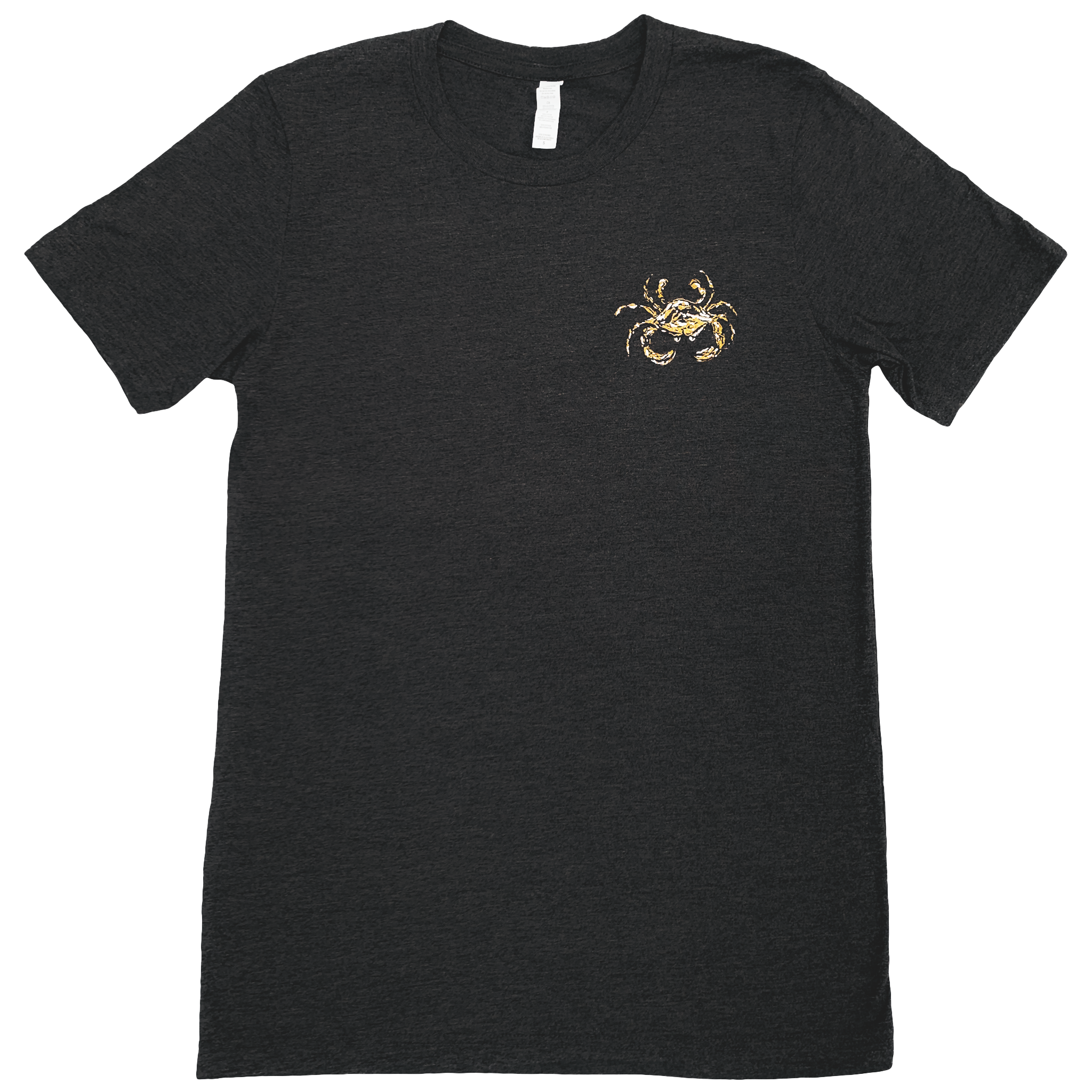 A short sleeve dark heather gray t-shirt with a black, gold, and white crab on the left chest. 