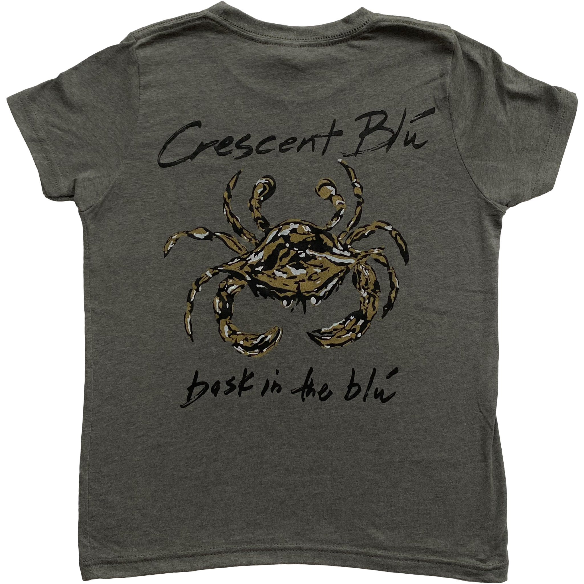 A black, gold, and white crab centered on the back of a youth heather gray short sleeve t-shirt. Written in black above the crab is Crescent Blu, below the crab is bask in the blu written in black.