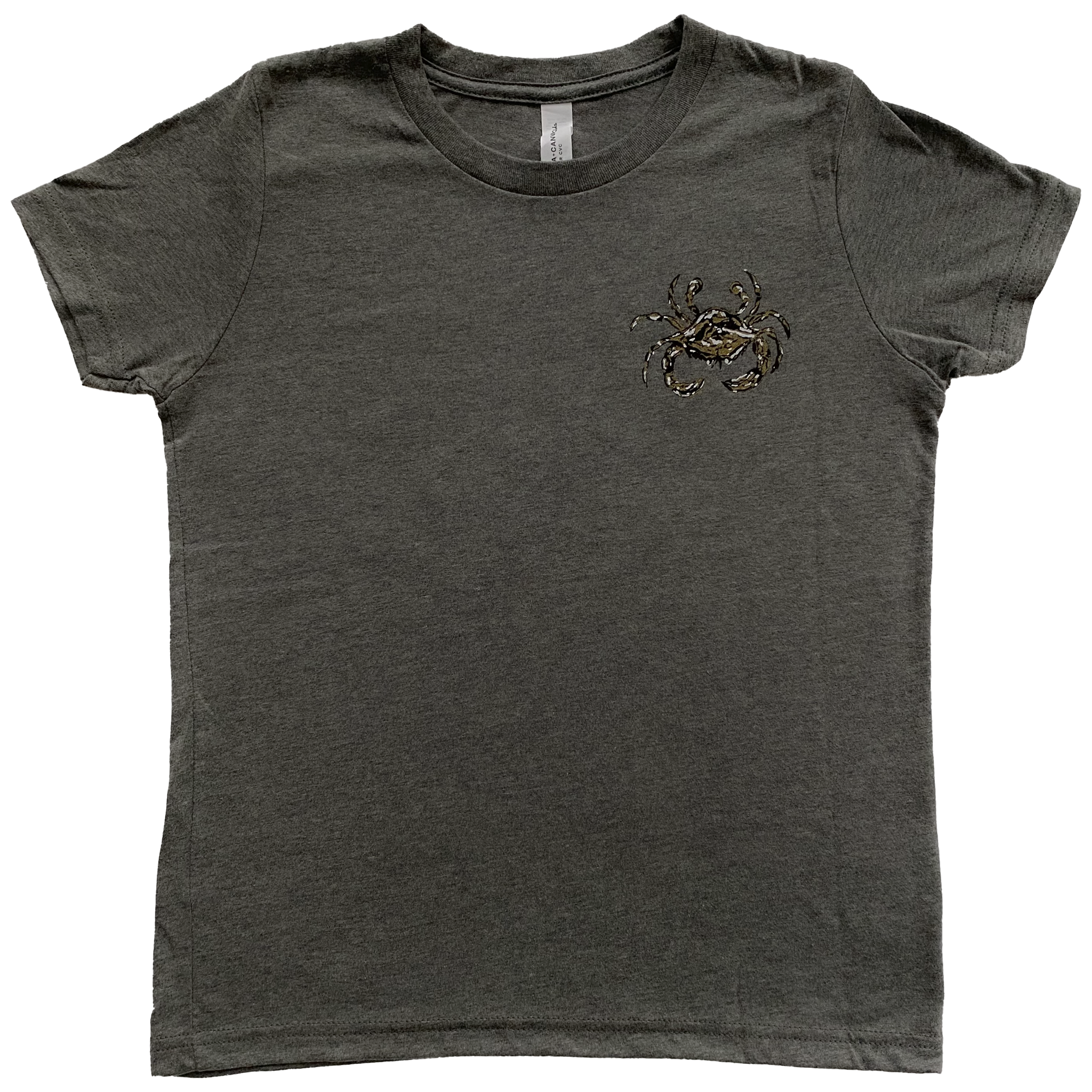 A heather gray youth short sleeve t-shirt with a black, gold, and white crab on the left chest.