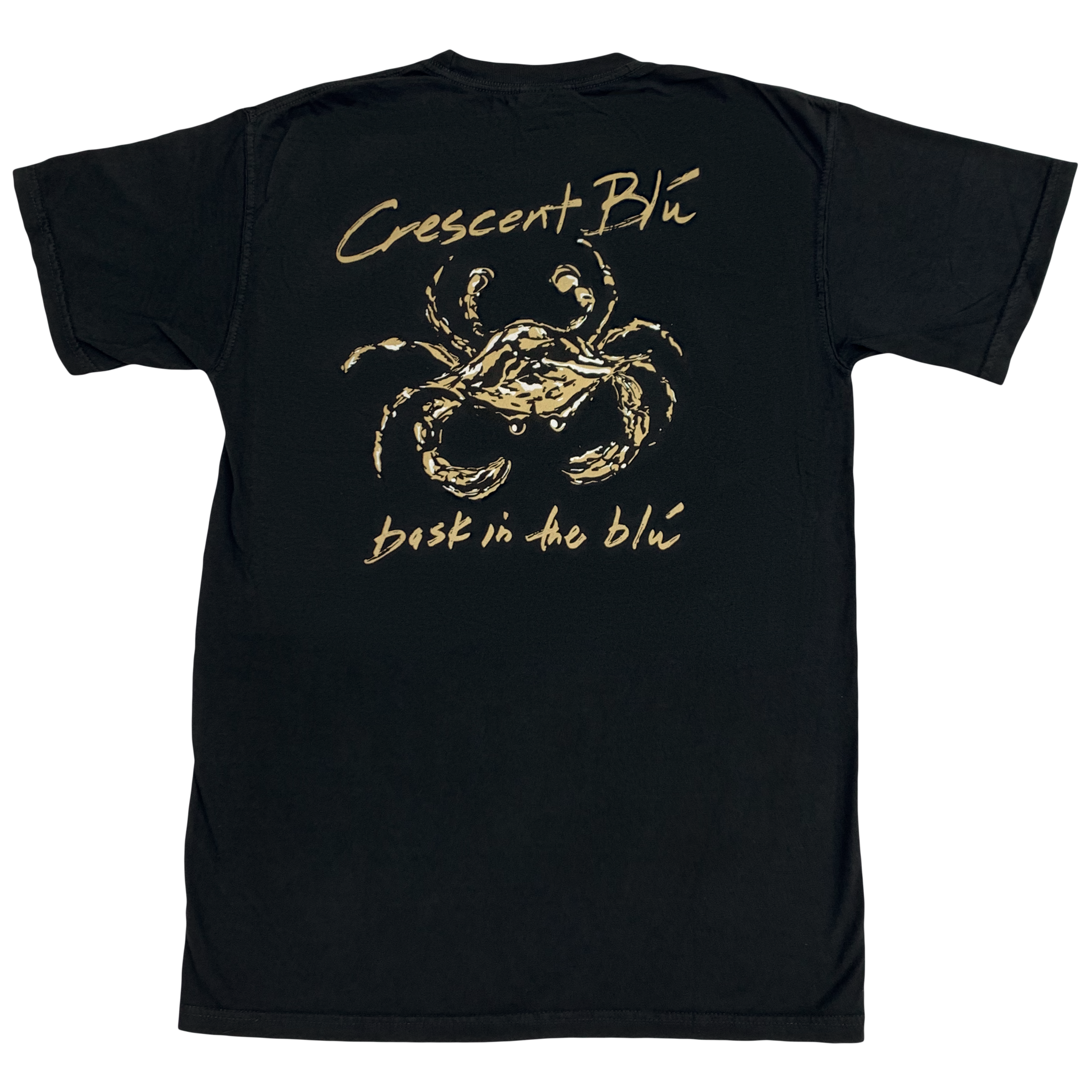A black, gold, and white crab centered on the back of a short sleeve black cotton crew neck t-shirt. In gold above the crab is Crescent Blu, below the crab in gold is bask in the blu.