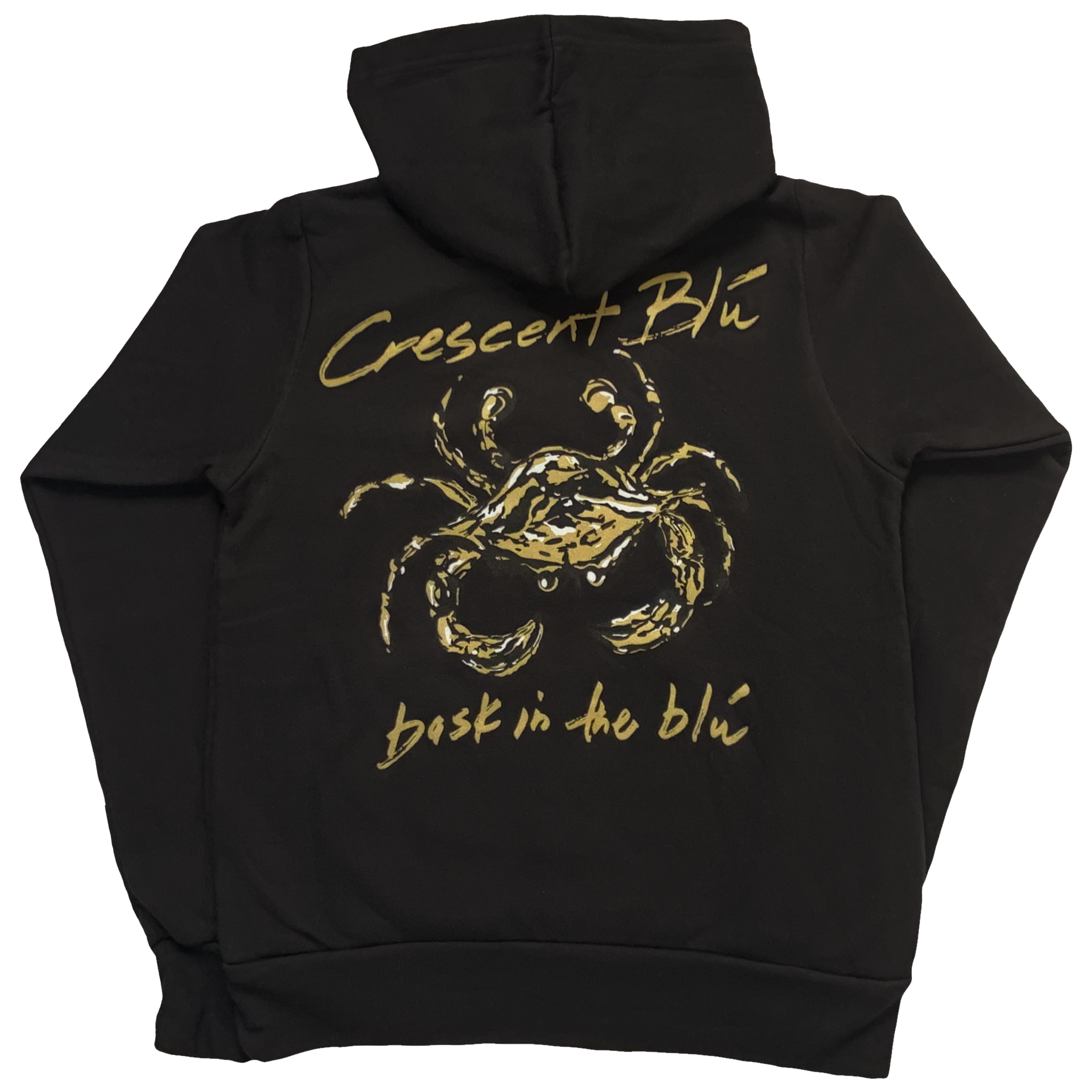 A black, gold, and white crab centered on the back of a black sponge fleece hoodie sweatshirt.  Written in gold above the crab is Crescent Blu, below the crab is bask in the blu written in gold.