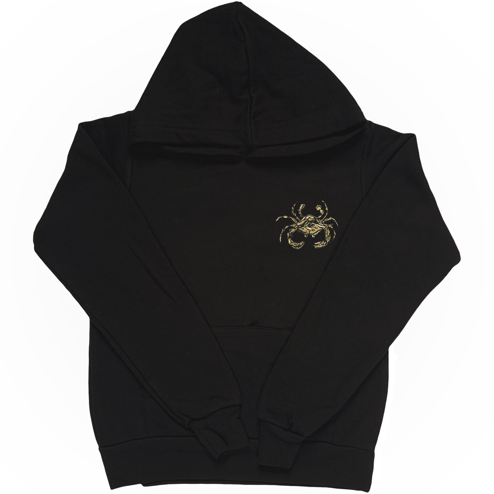 Black sponge fleece hoodie sweatshirt  with a gold, white, and black crab on the front left chest. Across the bottom center is a large pocket above a ribbed hem.