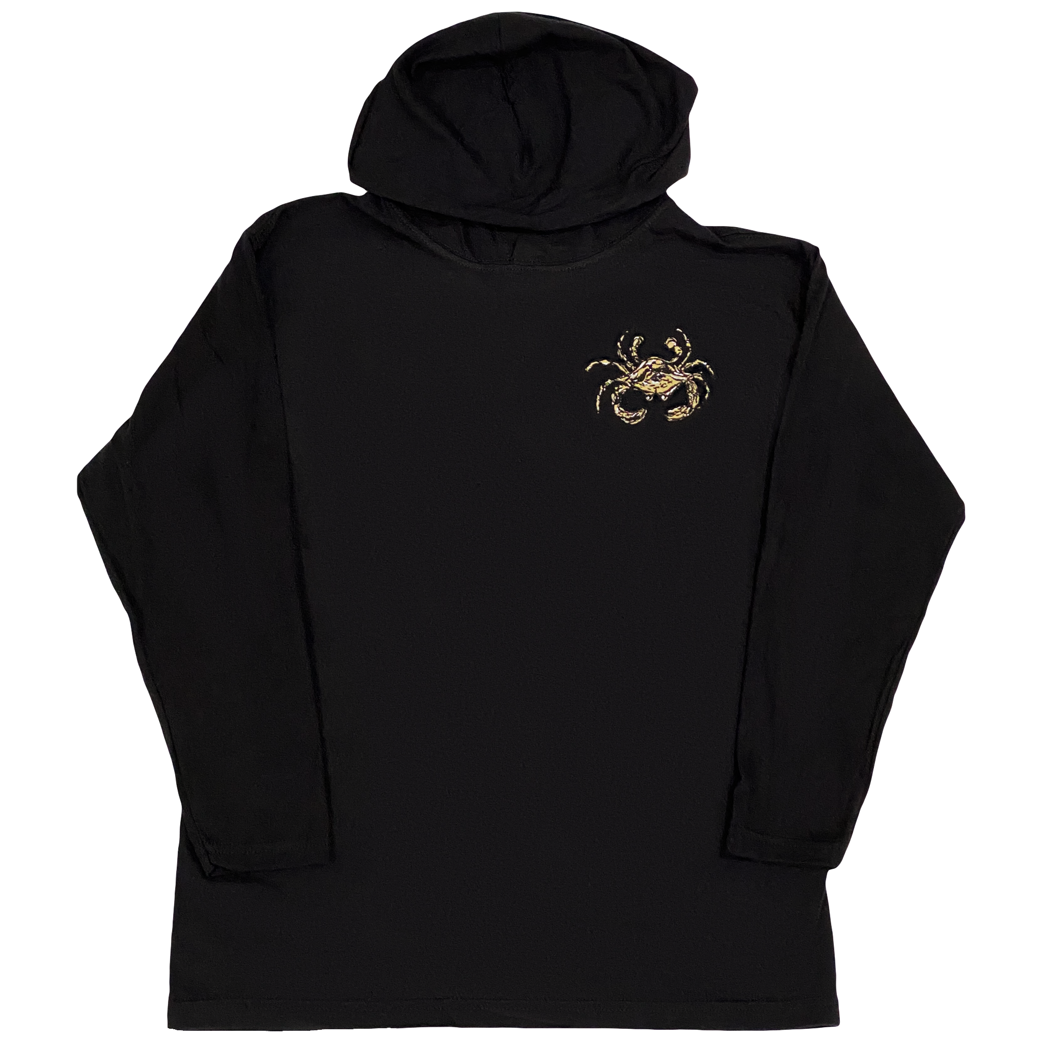 A long sleeve black hooded t-shirt with a gold, white, and black crab on the left chest.