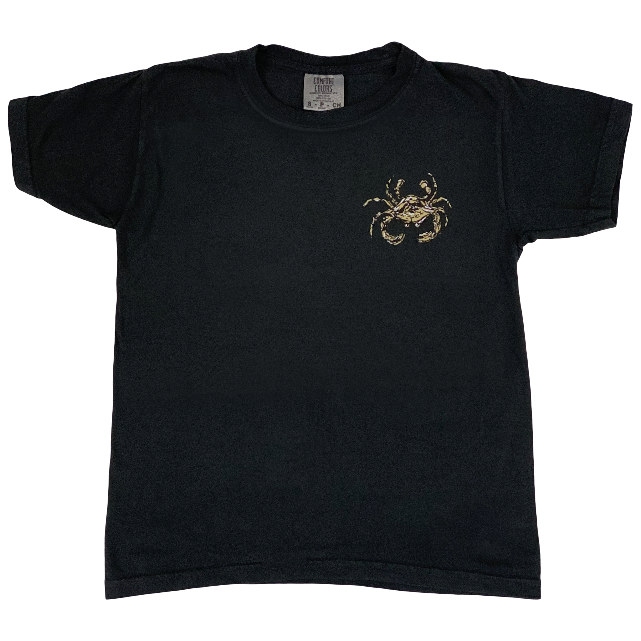  A black youth short sleeve cotton t-shirt with a black, gold, and white crab on the left chest. 