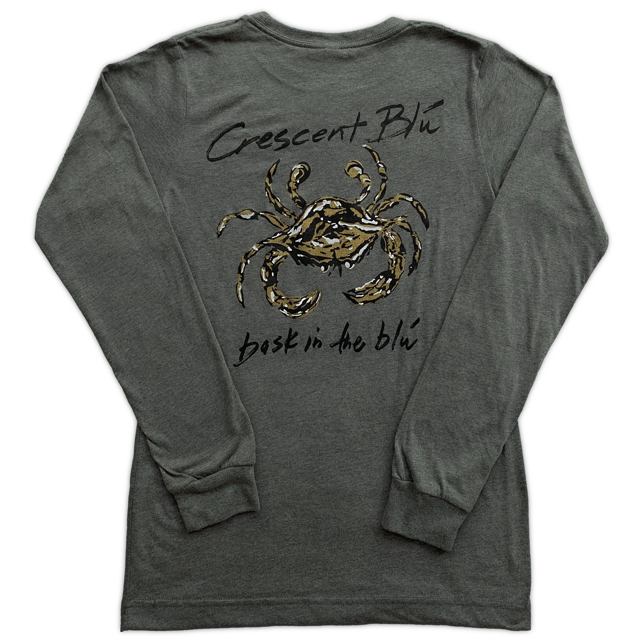 A black, gold, and white crab centered on the back of a long sleeve heather gray t-shirt. In black above the crab is Crescent Blu, below the crab in black is bask in the blu. 