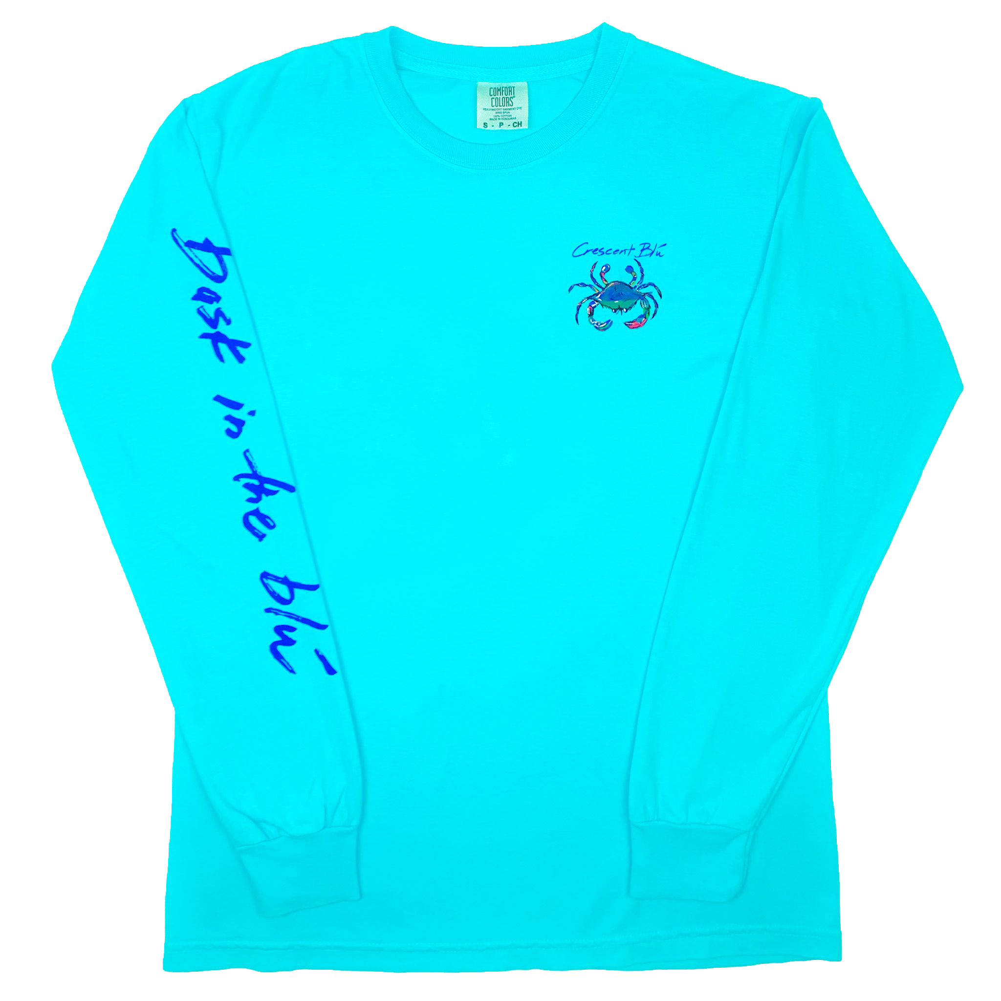 Lagoon Blue colored long sleeve adult Tee. Front view of shirt shown with Bask in the Blu printed on the right sleeve and small multi-color crab logo on the left upper chest pocket. 