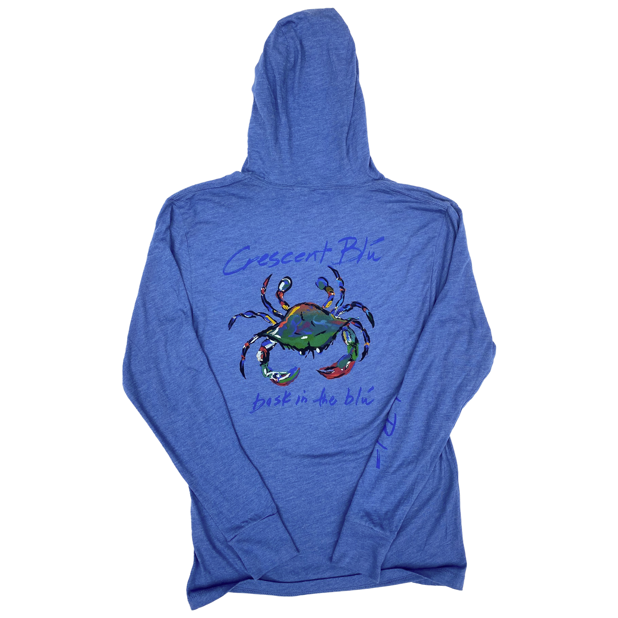 A colorful blue crab centered on the back of a blue hooded t-shirt