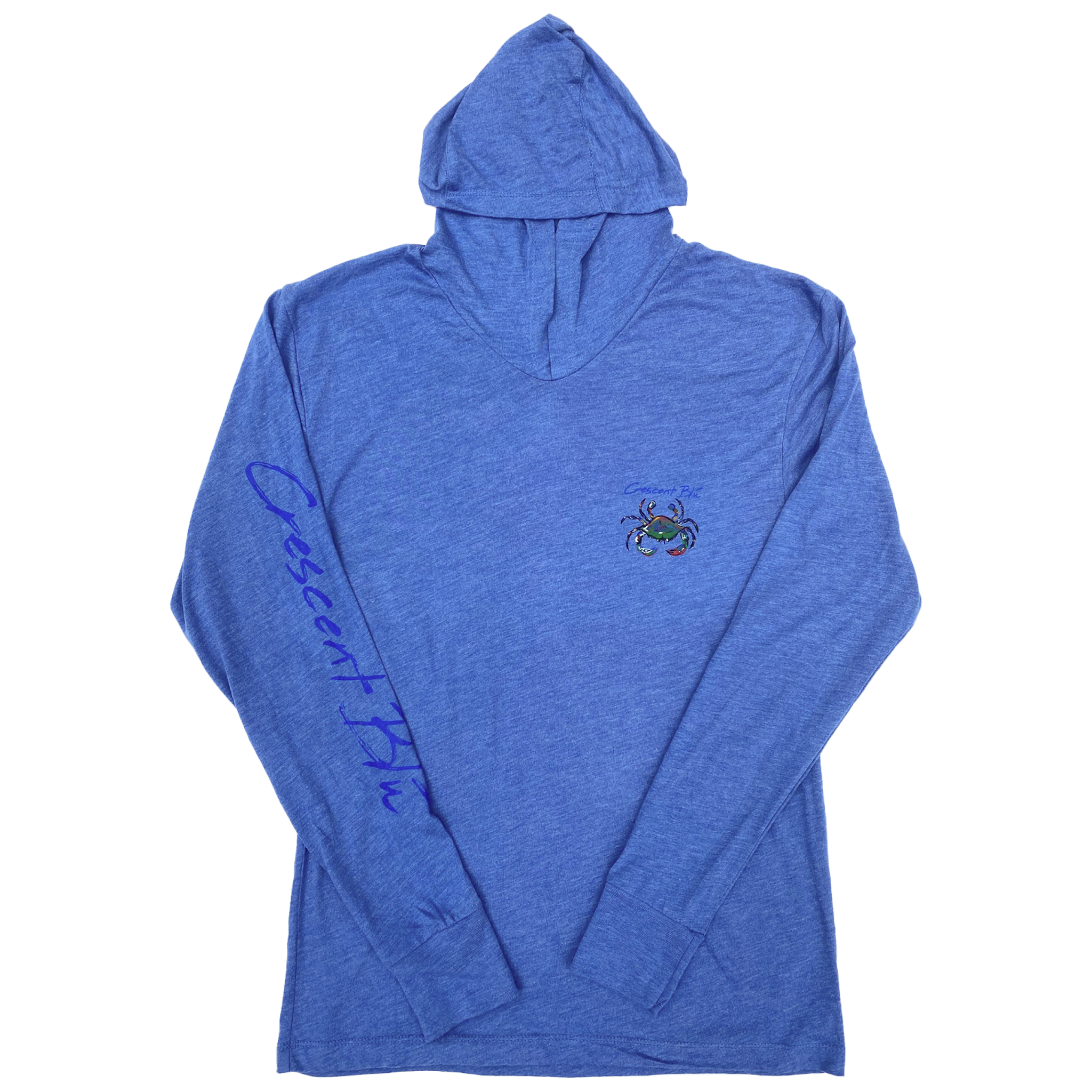 Front of a royal heather blue adult hoodie with a blue crab on the left chest and Crescent Blu written on the opposite sleeve.