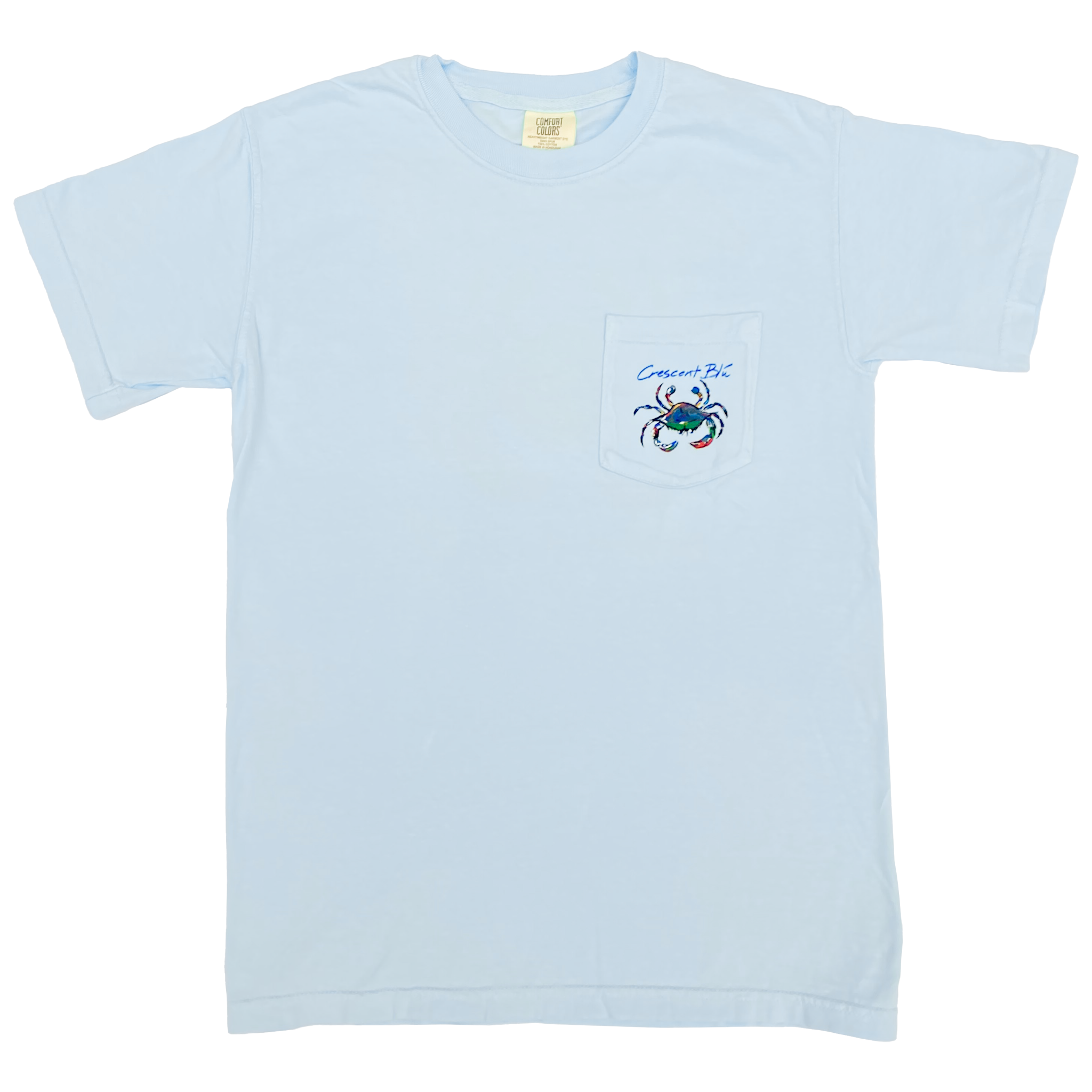Front of Adult Short sleeve Tee, chambray in color, with small Crescent Blu signature crab on left chest pocket 