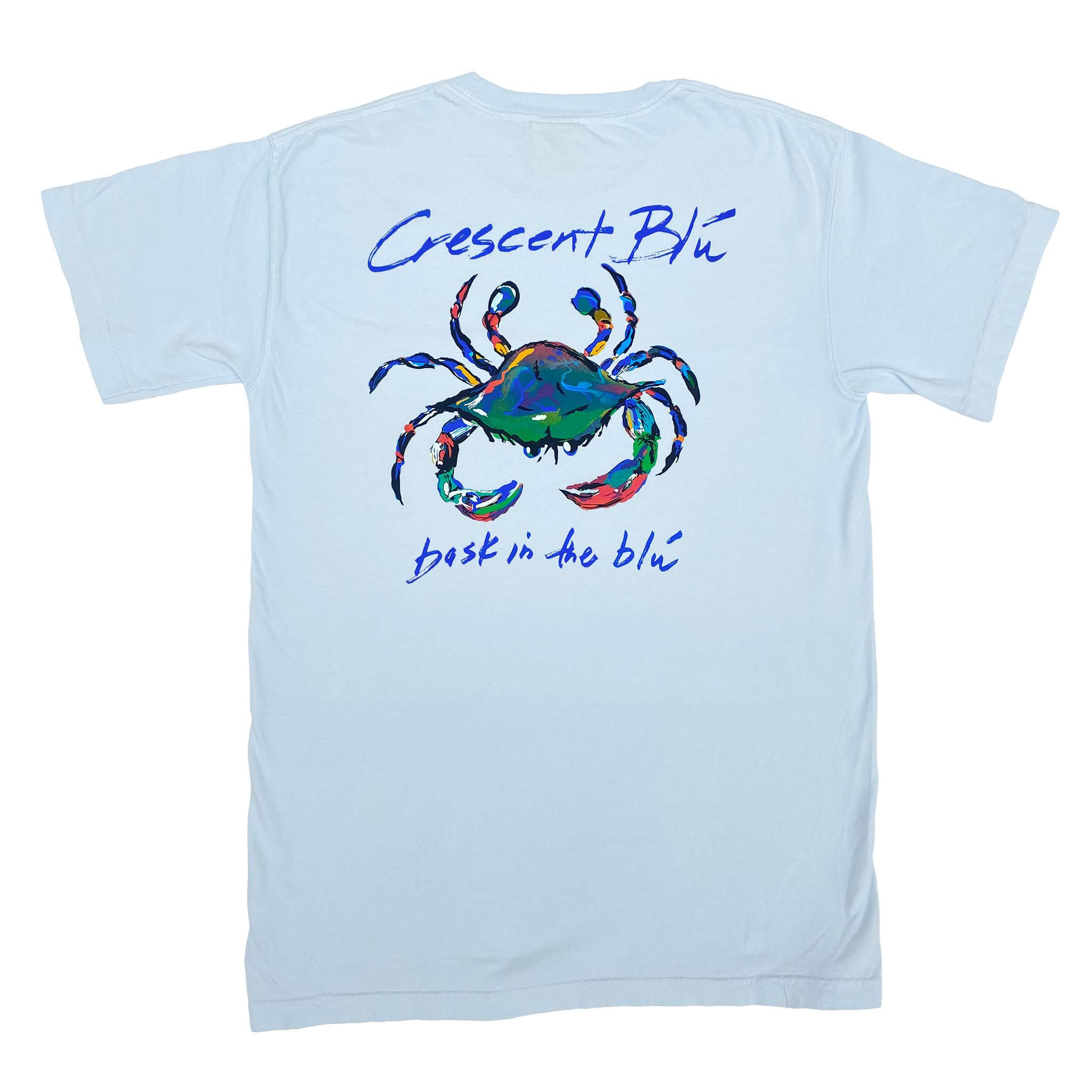 Adult short sleeve t-shirt in chambray color with multi-colored signature crab displayed