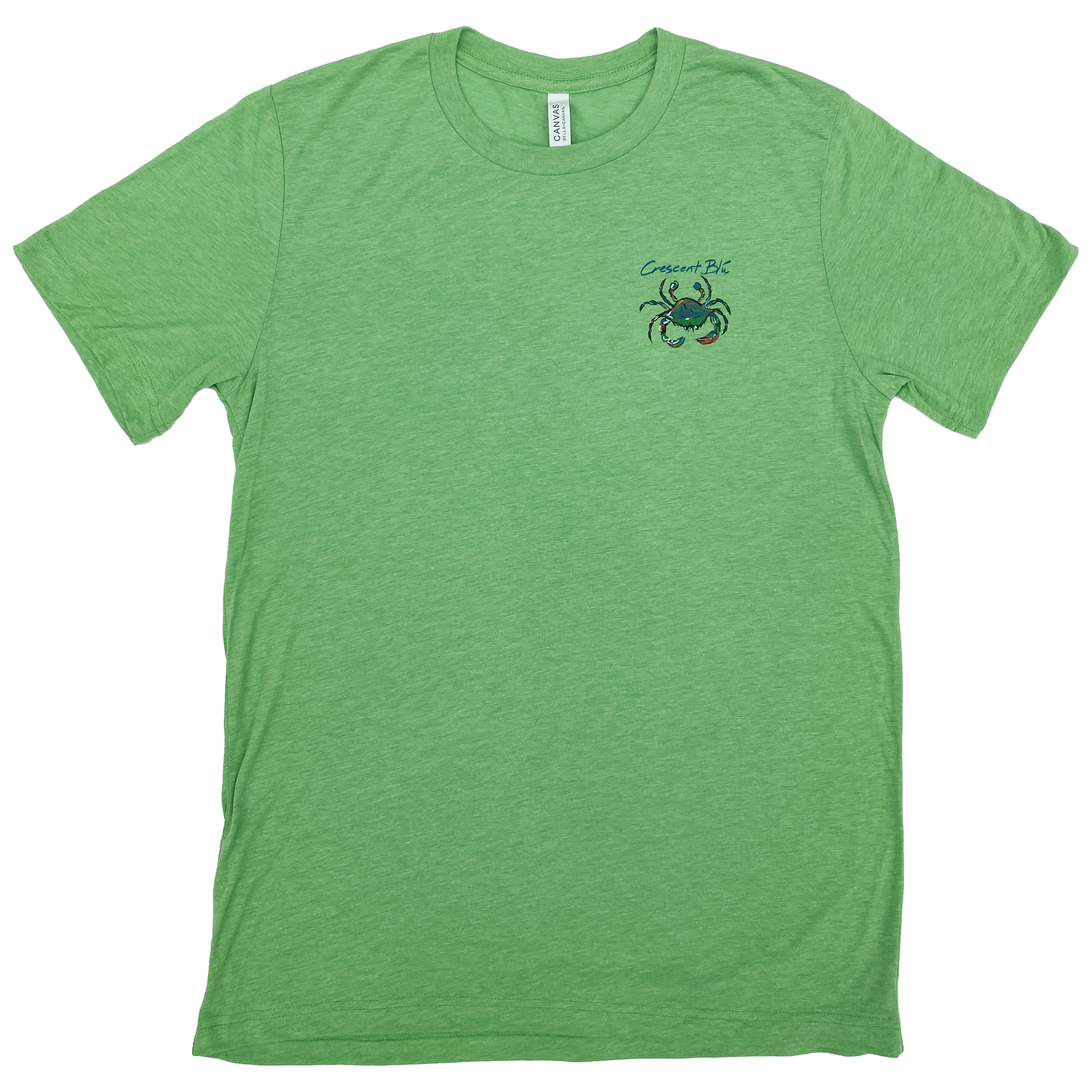 Front view of adult short sleeve tee with small multi-colored Crescent Blu crab logo on front left chest. Green color triblend shirt