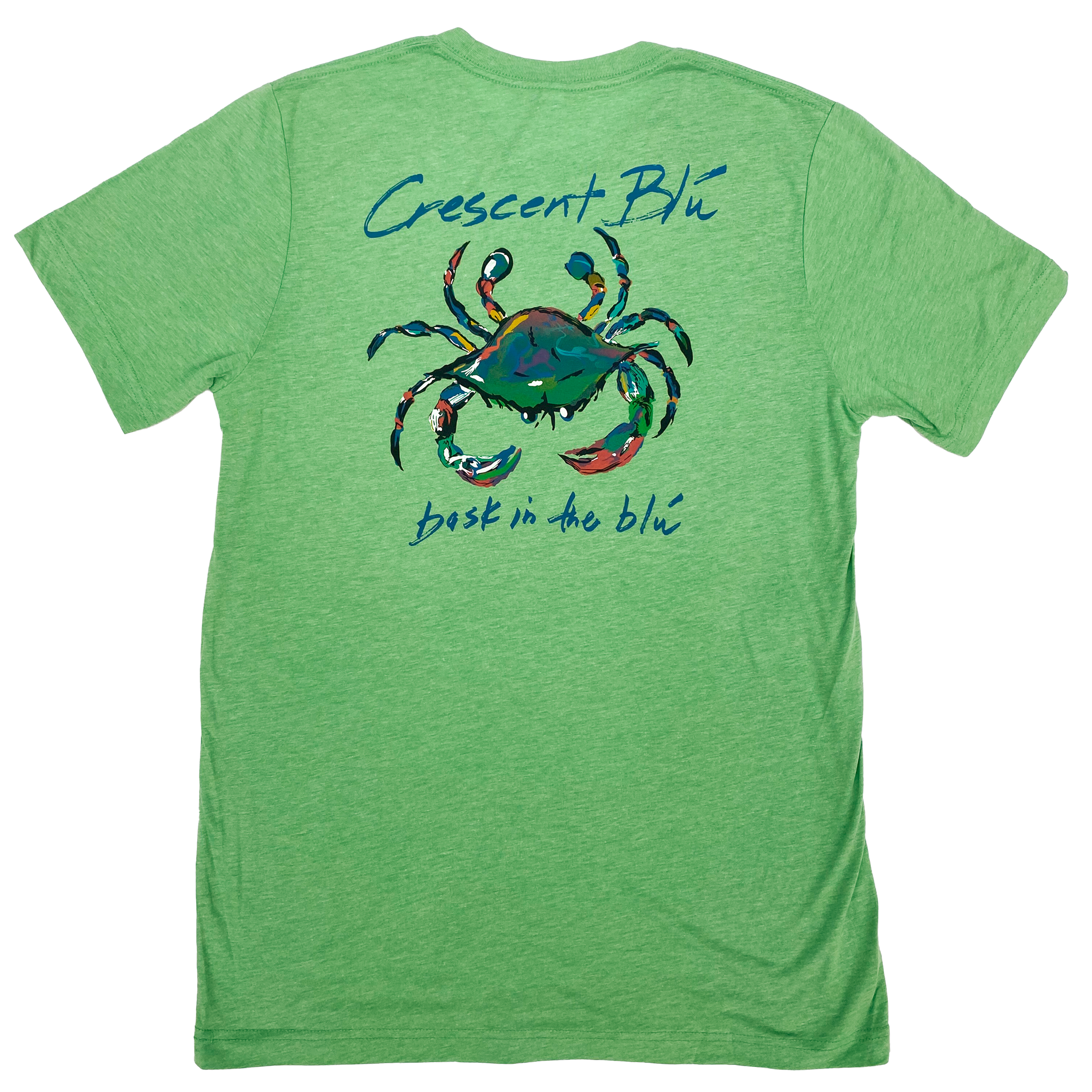 Adult short sleeve t-shirt with large multi-colored crab logo printed . Shirt is green in color