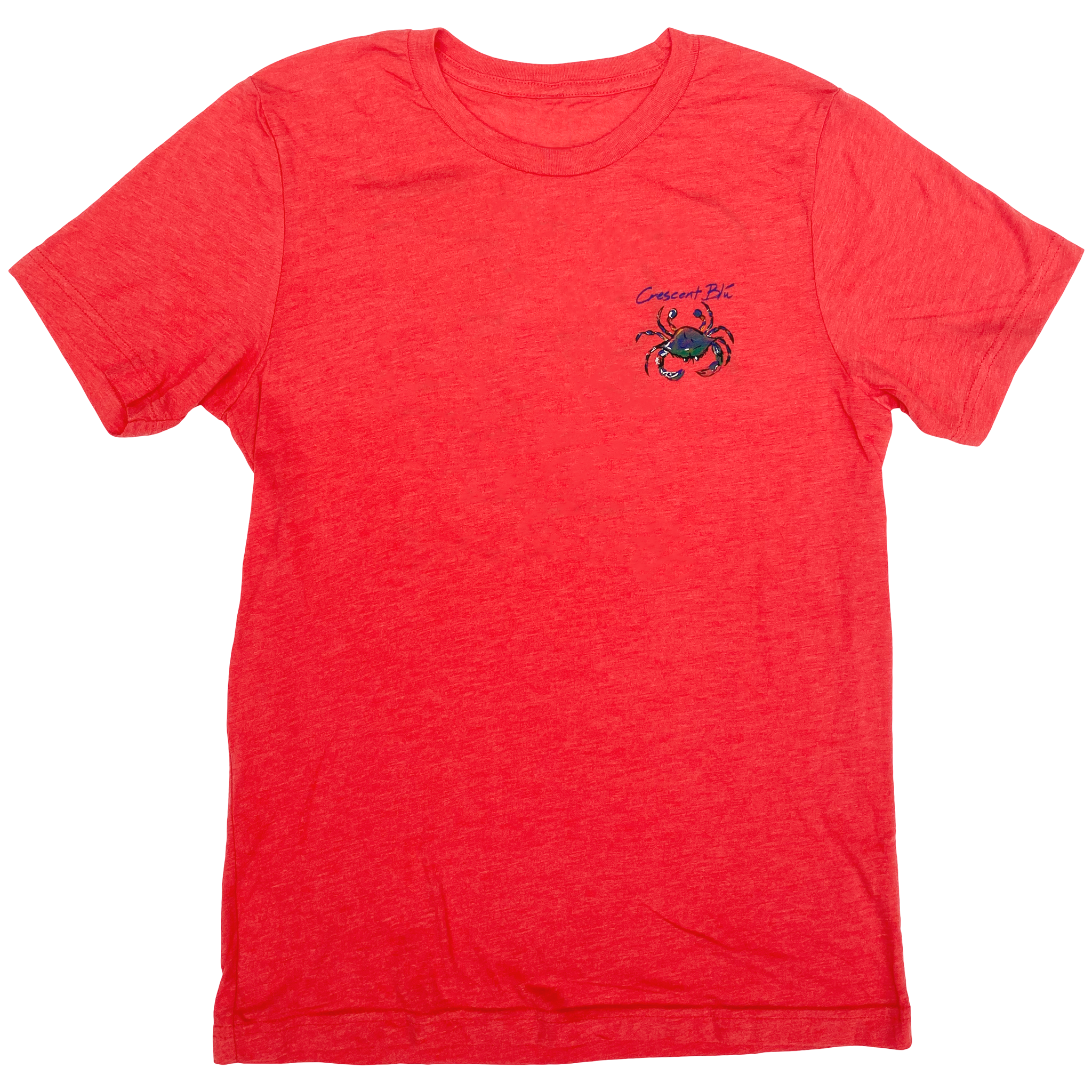 Adult short sleeve Crescent Blu tee with multi-colored crab logo on front left chest