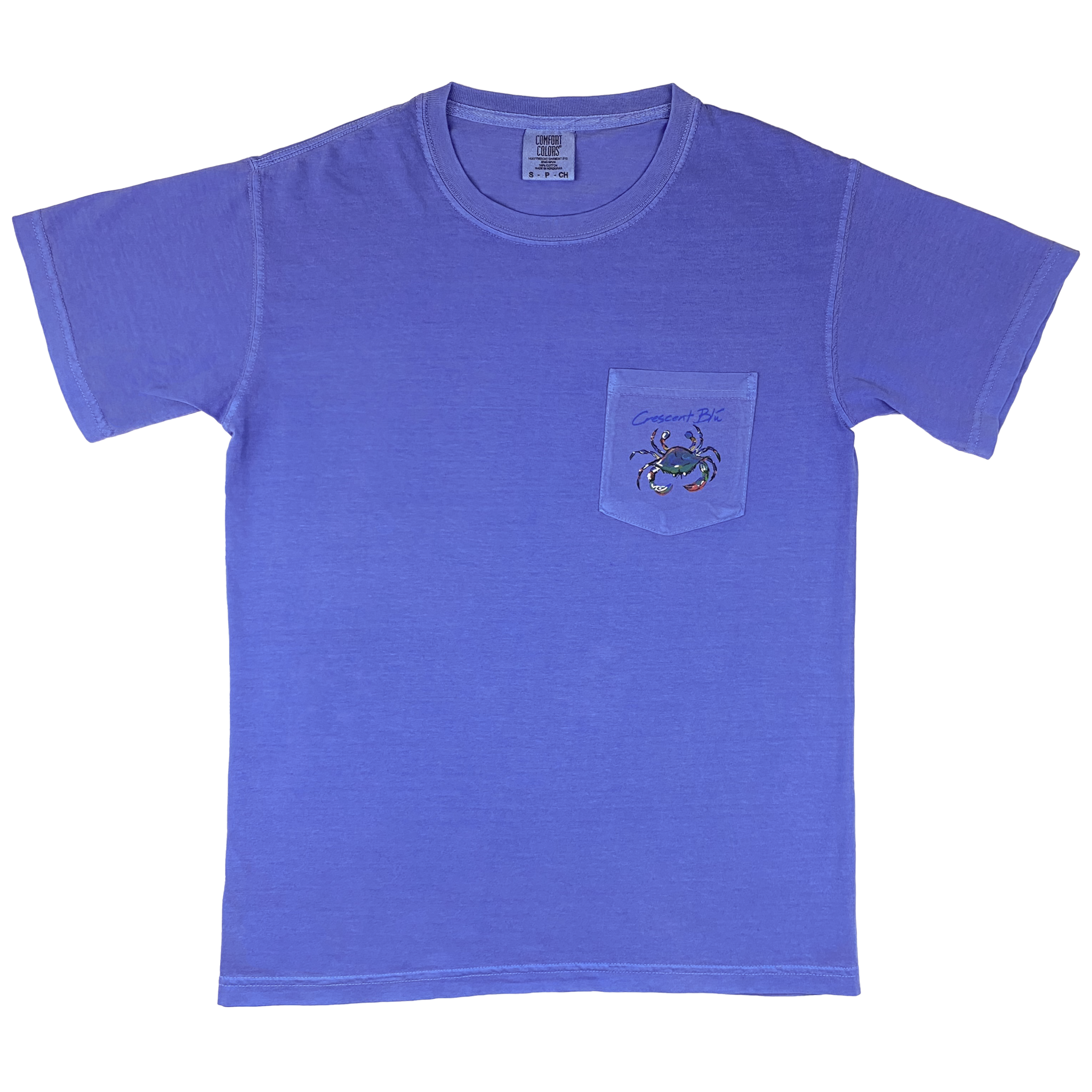 Front of Flo Blue Signature crab collection tee with multi-colored crab logo on left front chest pocket short sleeve Tee with small Crescent Blu crab logo printed
