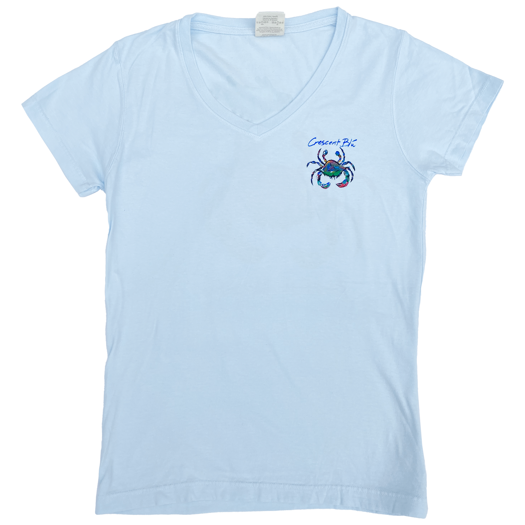 Front view of a chambray colored Ladies cut short sleeve T-shirt with small Crescent Blu multi-colored Signature crab printed on the left upper chest