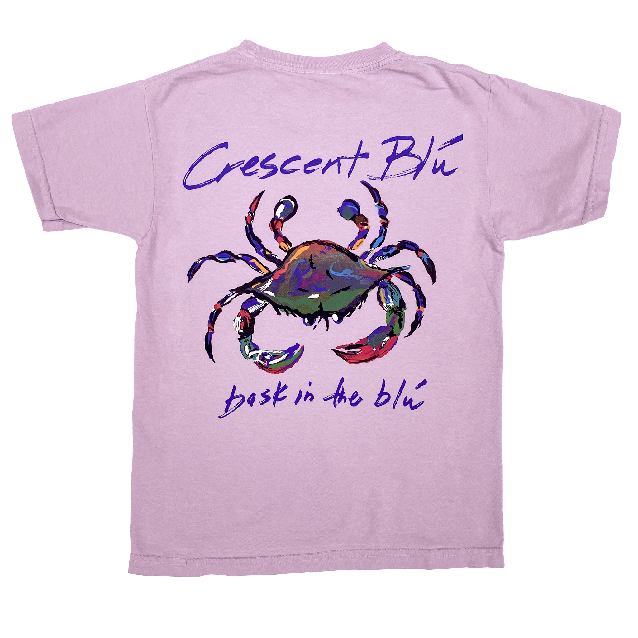 Back of a short sleeve youth orchid tee cotton tee with a colorful blue crab/