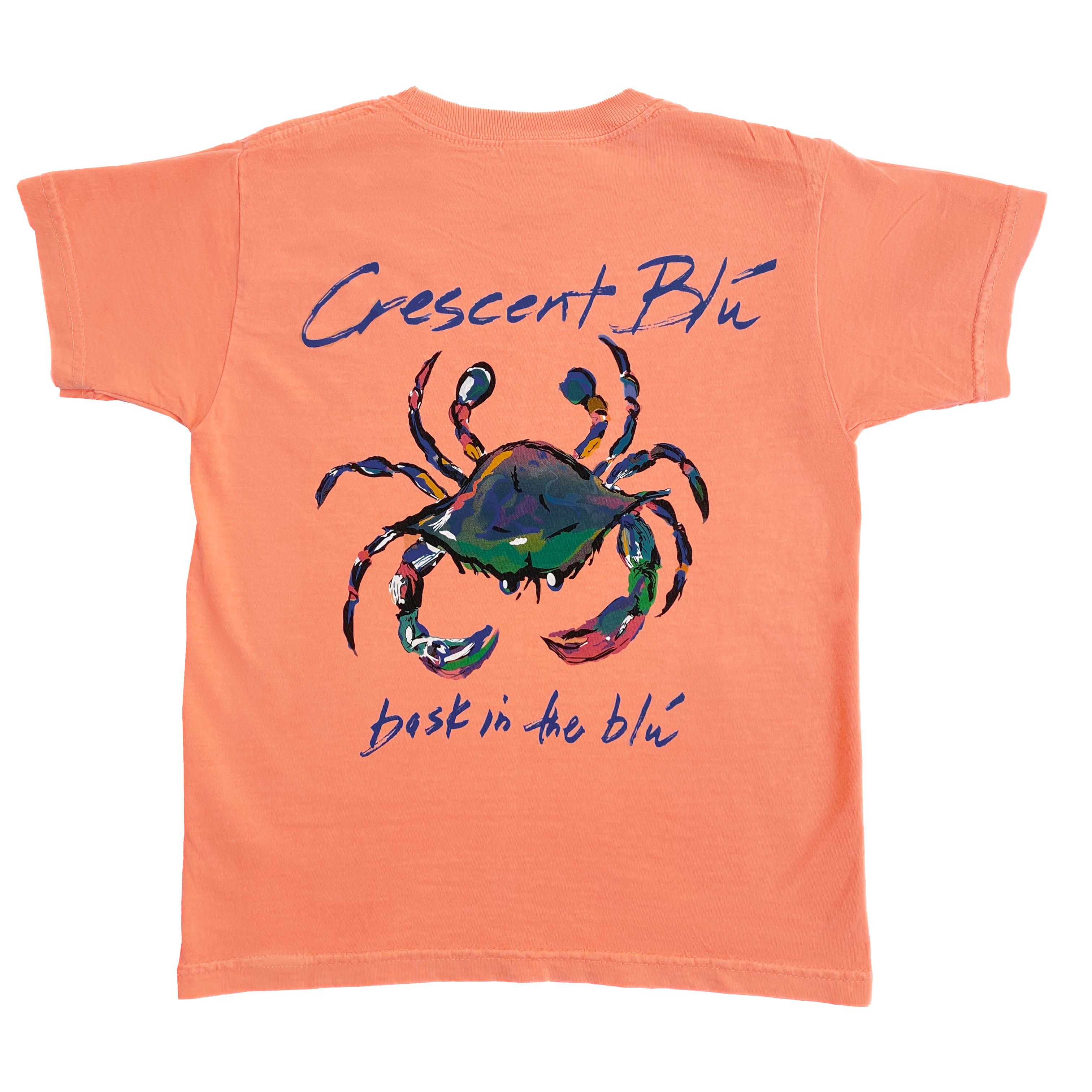 back of youth melon t-shirt with big colorful crab