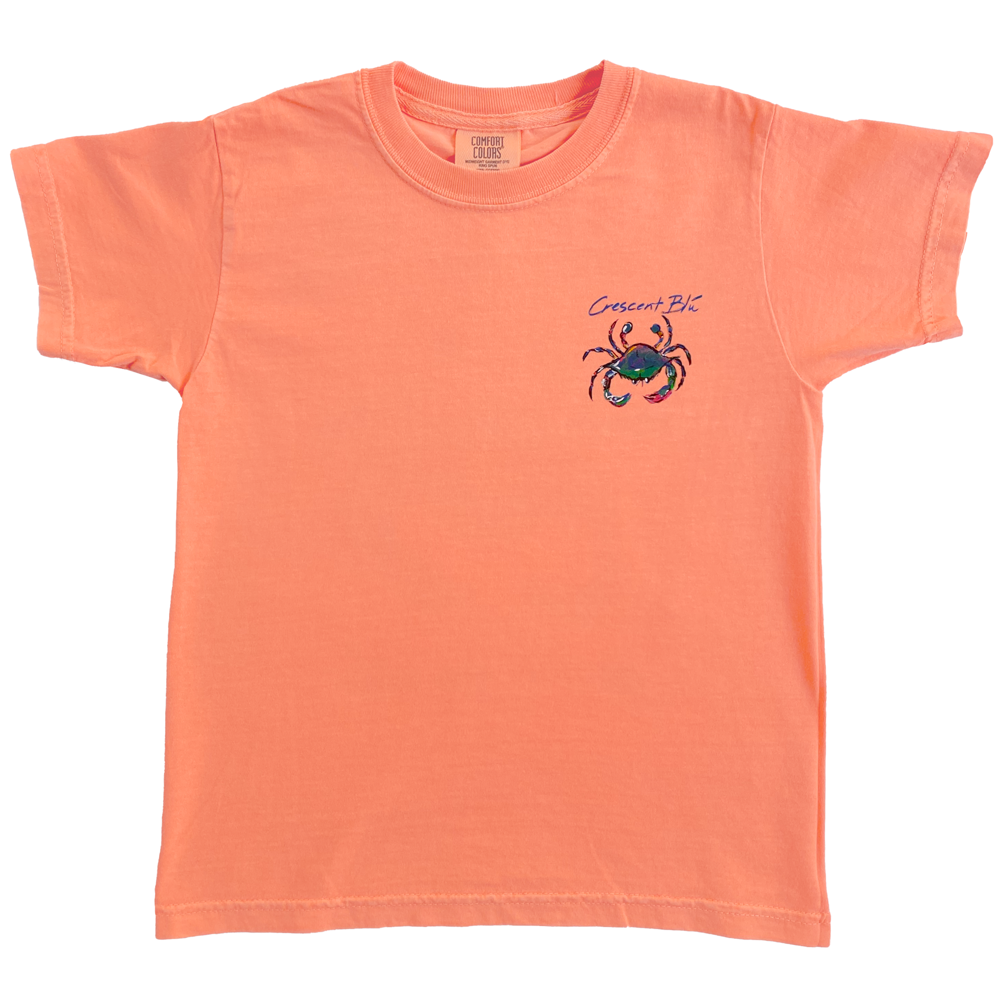 childs melon top with crab on upper left chest